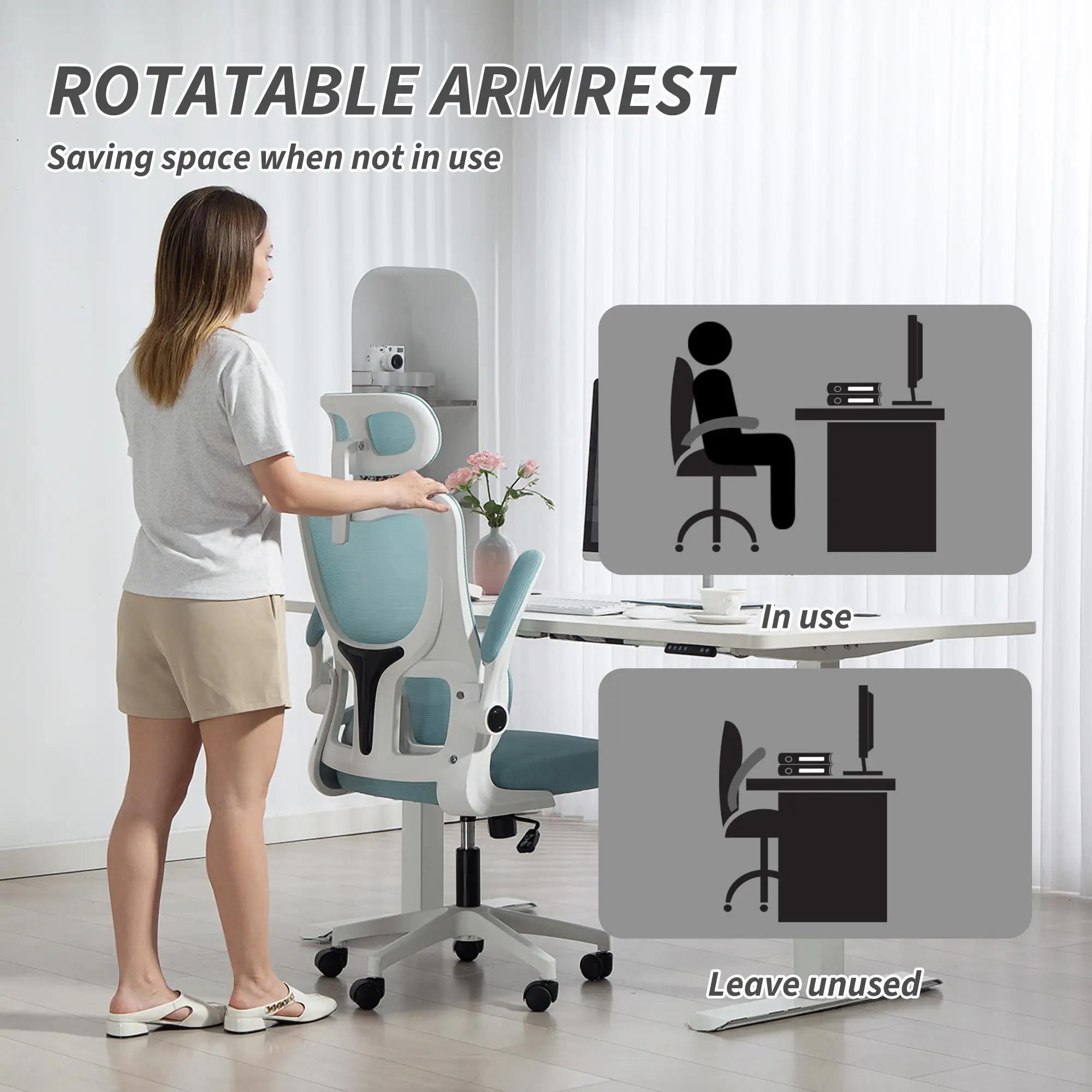 High Back Office Chair, Mesh Computer Chair, Adjustable Height, Light Blue - Image 10