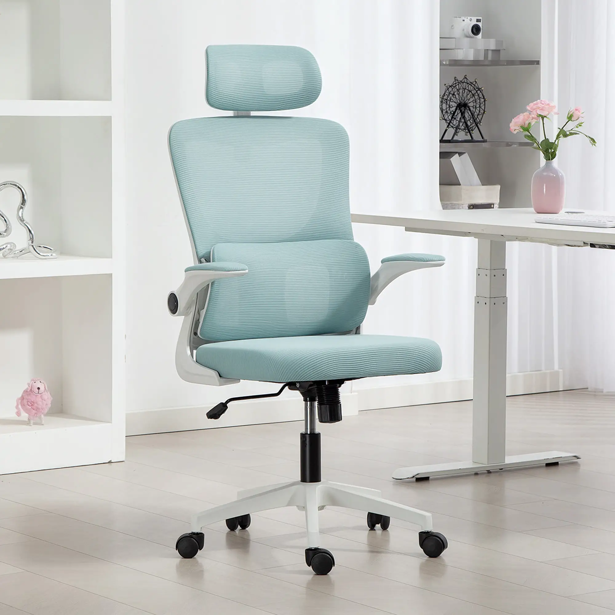 High Back Office Chair, Mesh Computer Chair, Adjustable Height, Light Blue - Image 2
