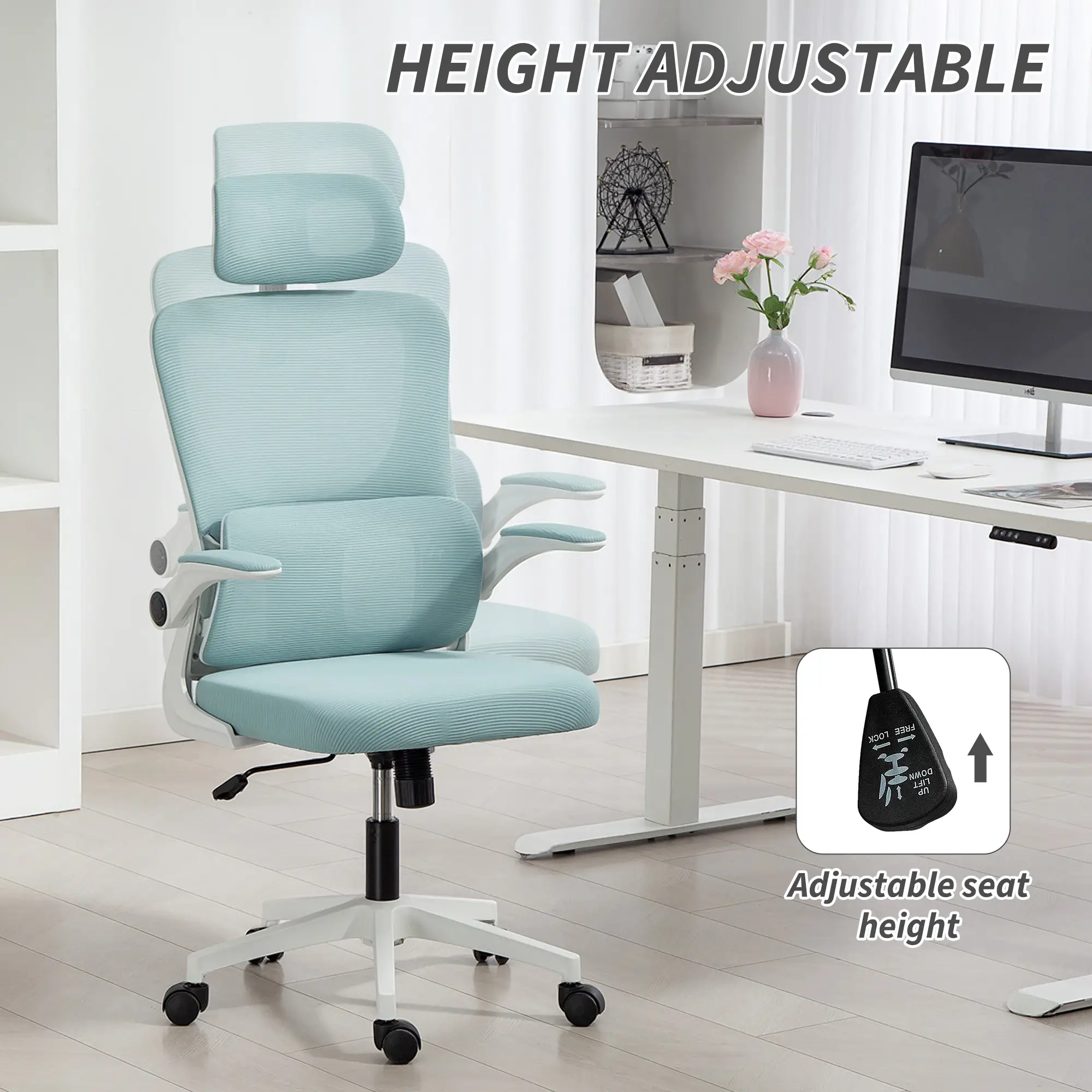 High Back Office Chair, Mesh Computer Chair, Adjustable Height, Light Blue - Image 4
