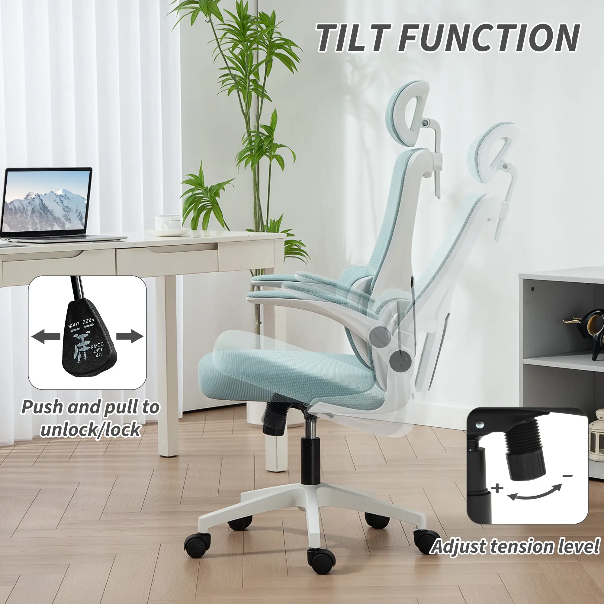 High Back Office Chair, Mesh Computer Chair, Adjustable Height, Light Blue - Image 5