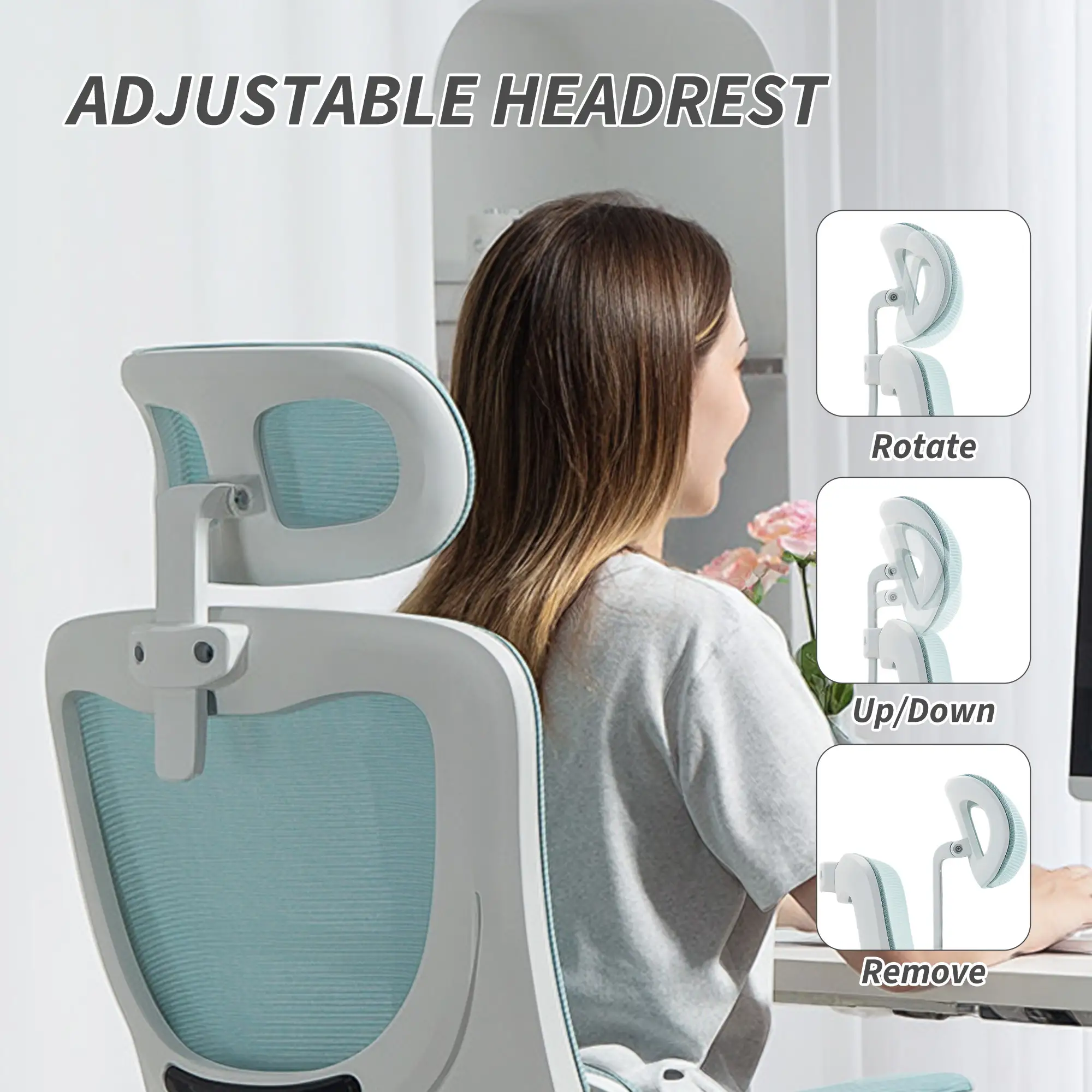 High Back Office Chair, Mesh Computer Chair, Adjustable Height, Light Blue - Image 7
