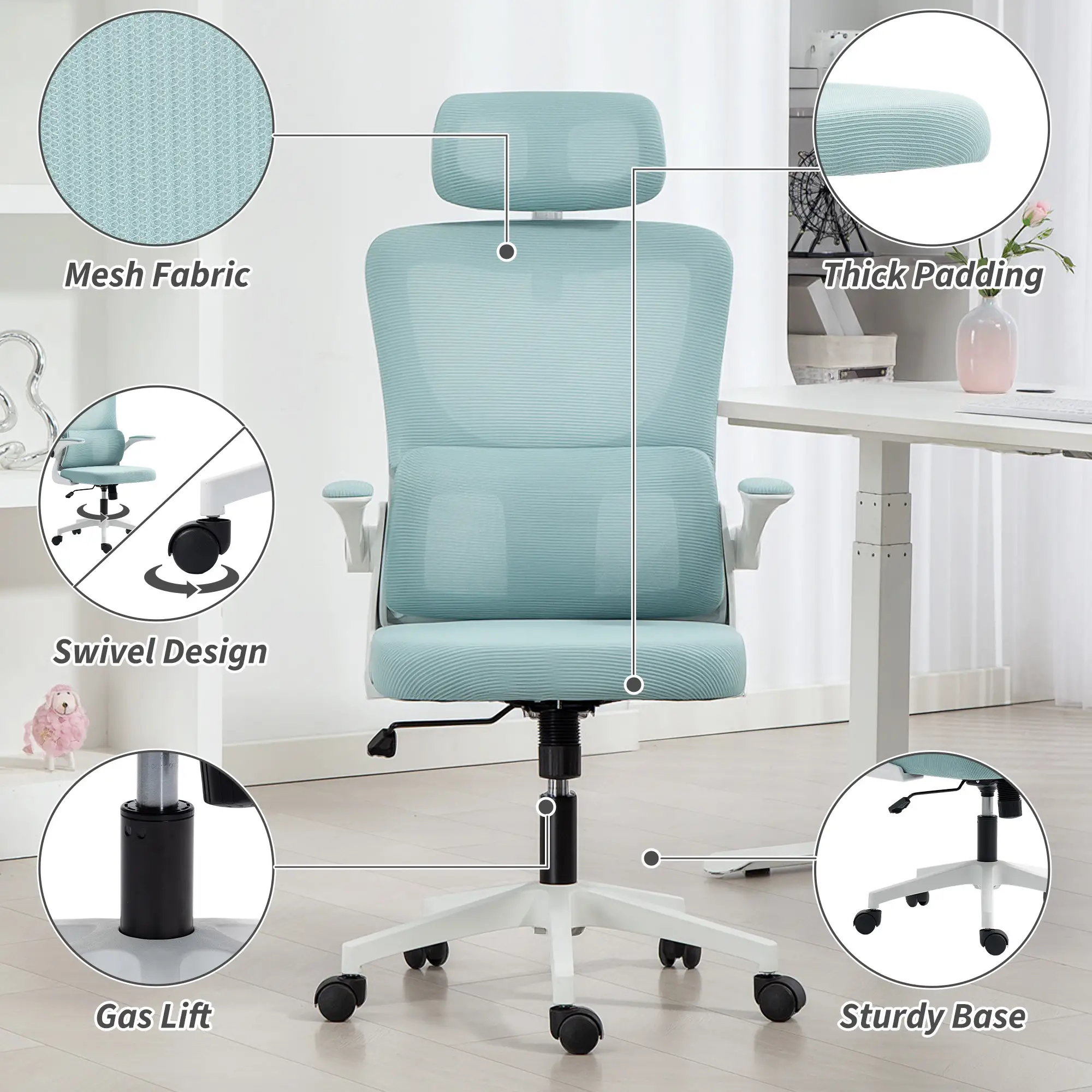 High Back Office Chair, Mesh Computer Chair, Adjustable Height, Light Blue - Image 9