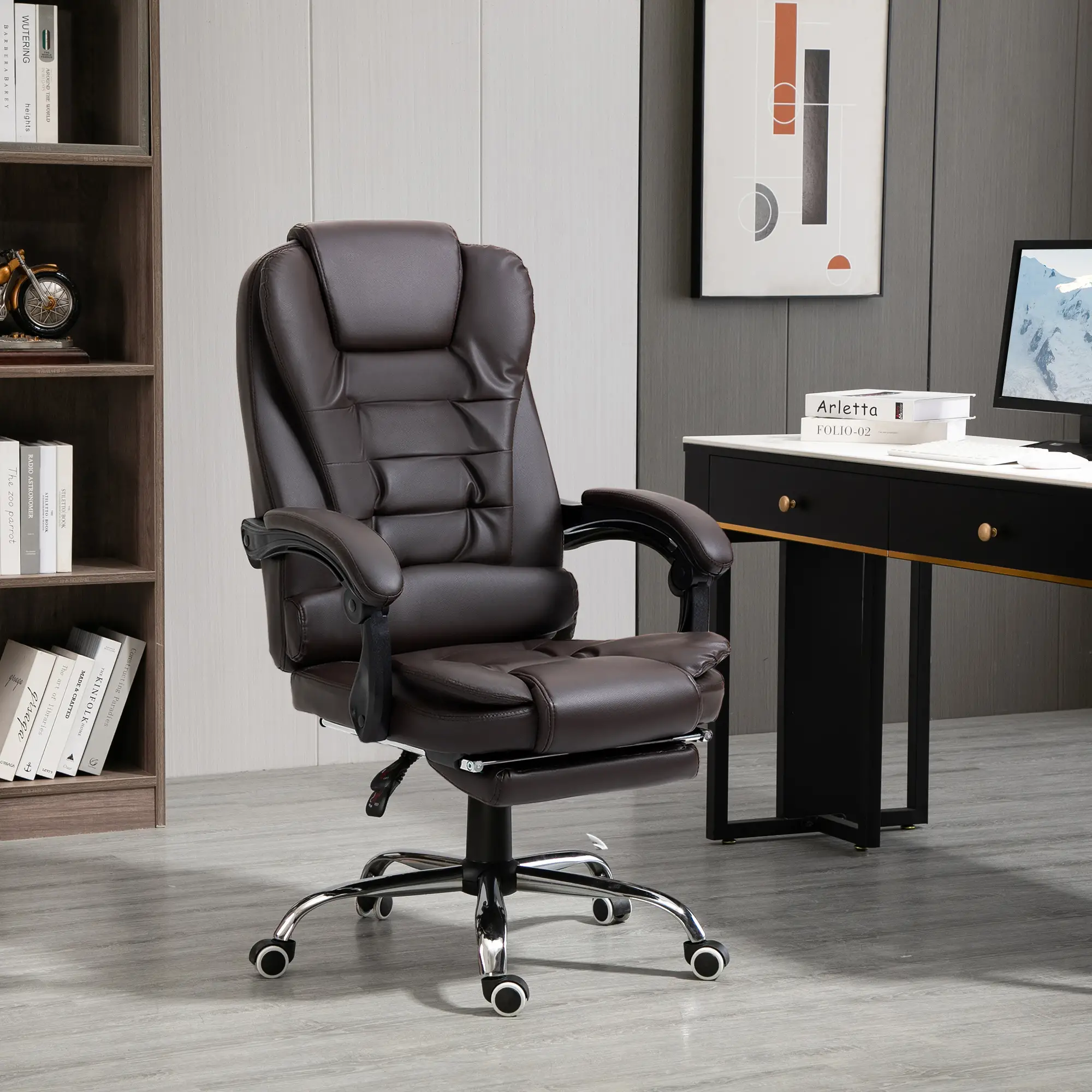 High Back Office Chair, PU Leather, Retractable Footrest, Padded Armrest, Coffee - Image 2