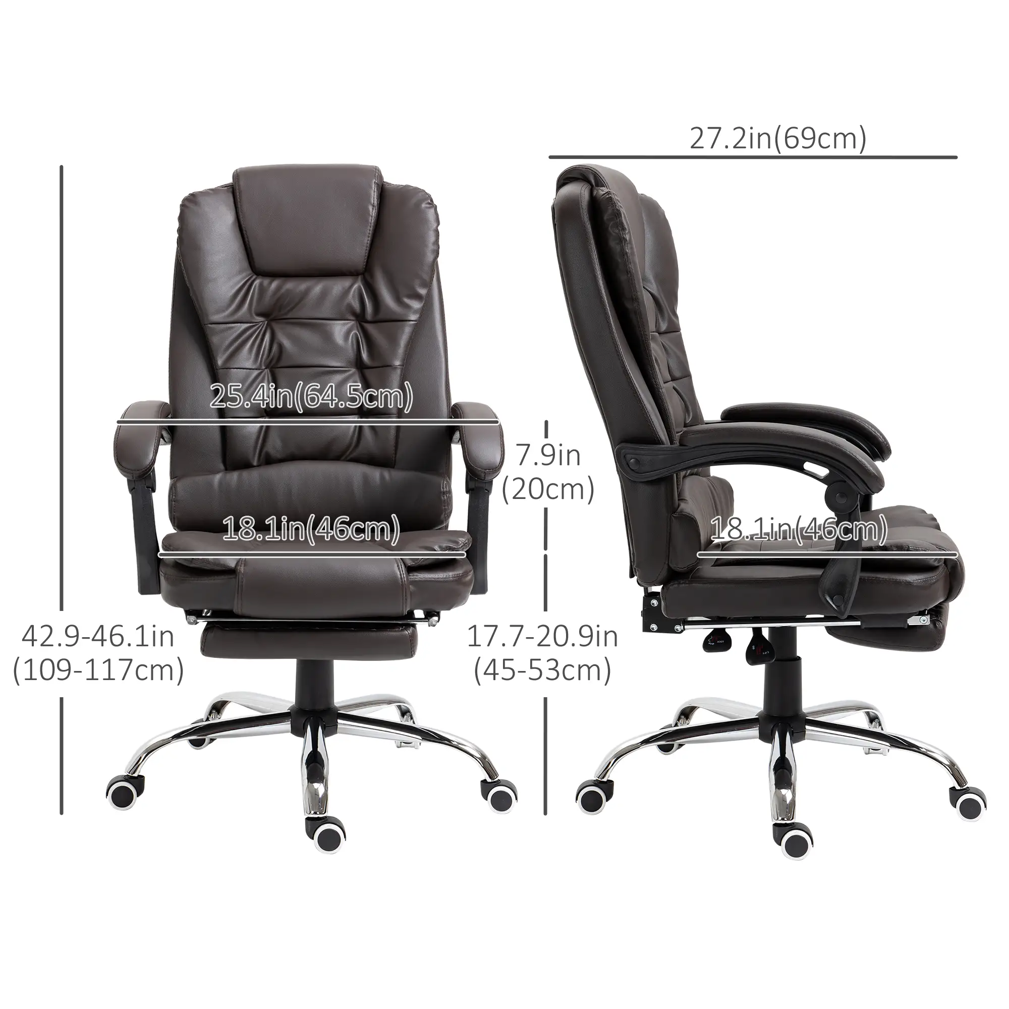 High Back Office Chair, PU Leather, Retractable Footrest, Padded Armrest, Coffee - Image 3