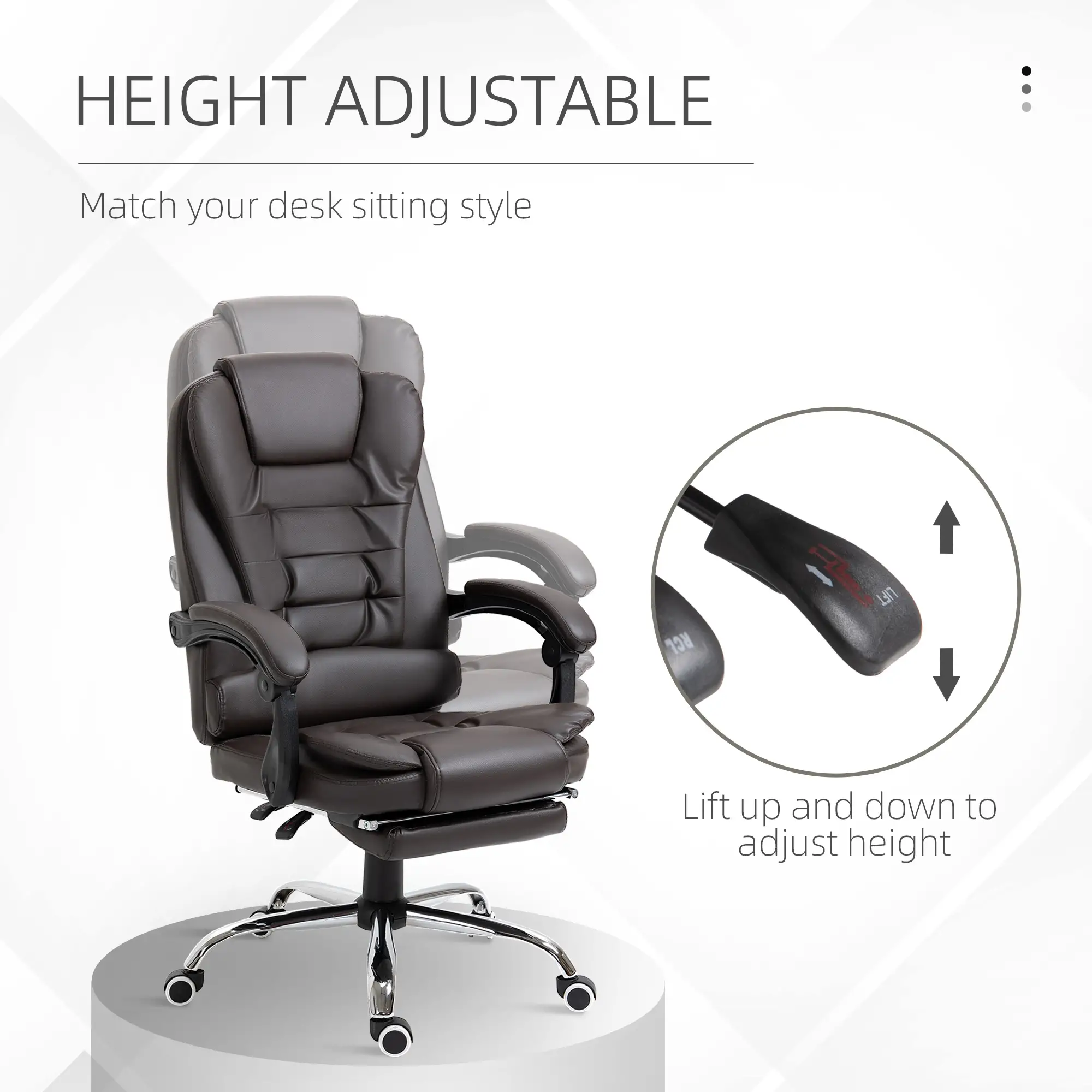High Back Office Chair, PU Leather, Retractable Footrest, Padded Armrest, Coffee - Image 4