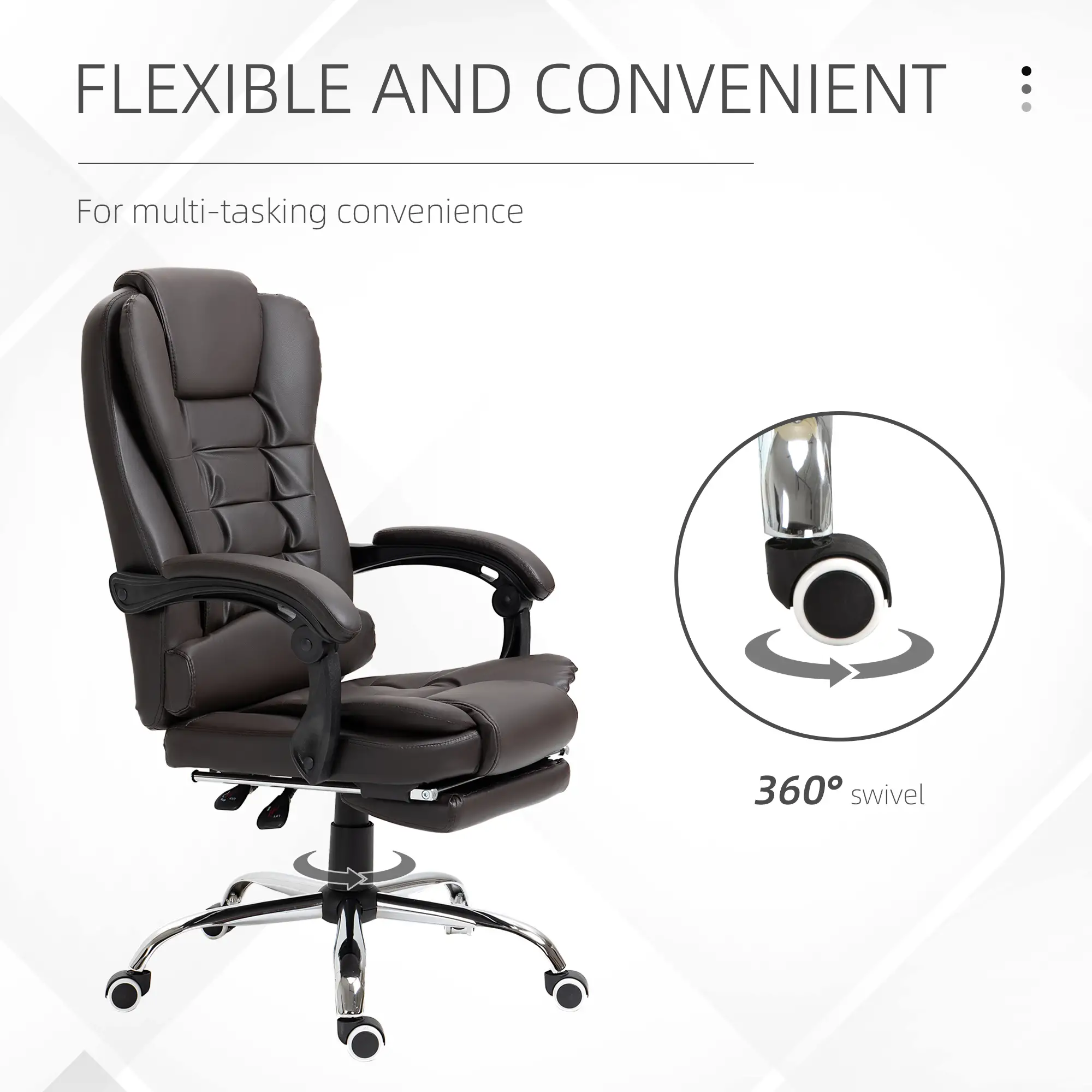 High Back Office Chair, PU Leather, Retractable Footrest, Padded Armrest, Coffee - Image 5