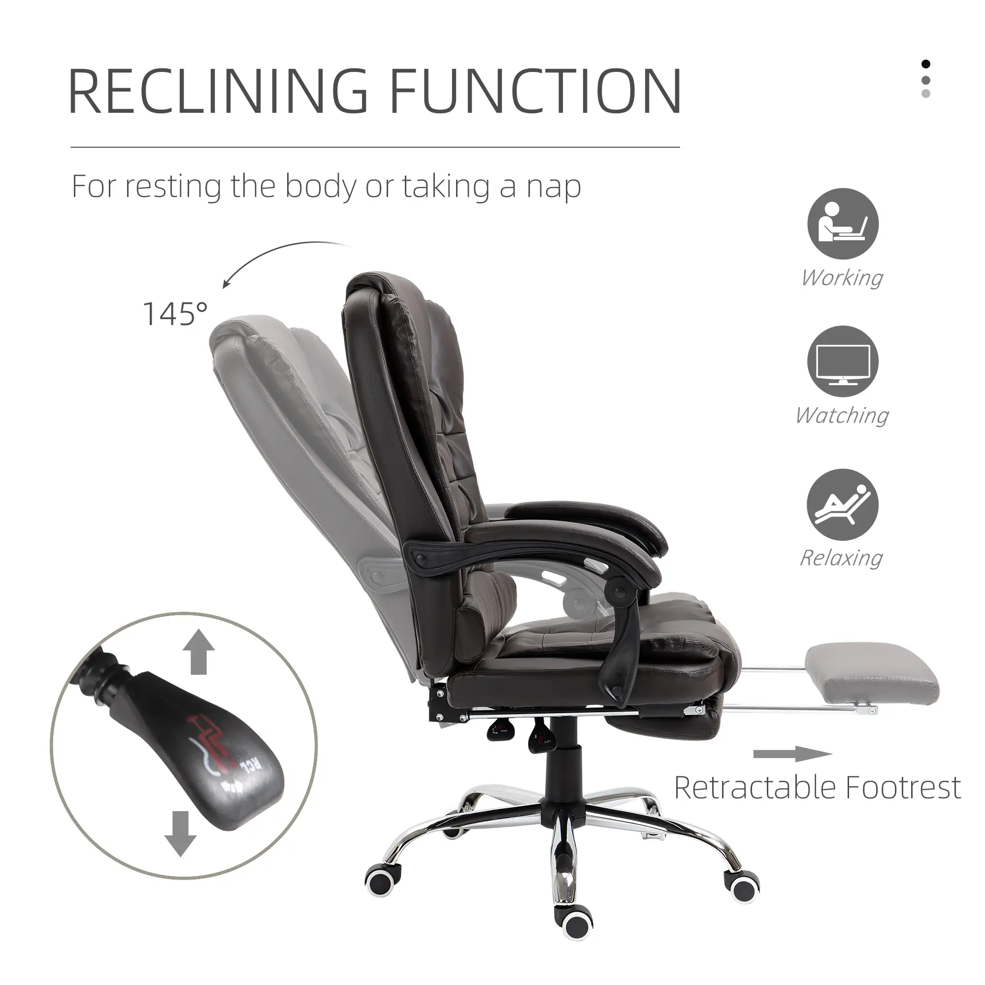 High Back Office Chair, PU Leather, Retractable Footrest, Padded Armrest, Coffee - Image 6