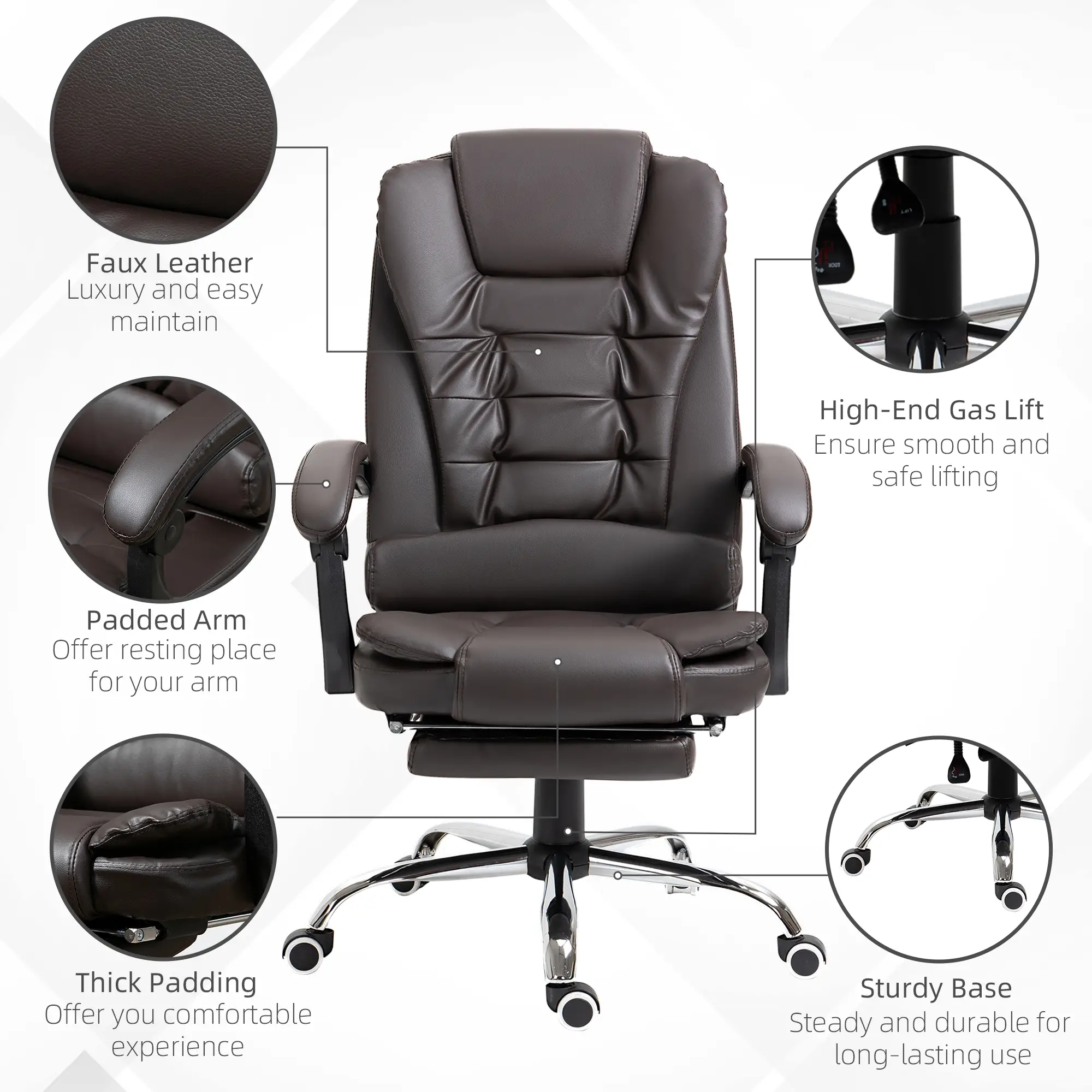 High Back Office Chair, PU Leather, Retractable Footrest, Padded Armrest, Coffee - Image 7