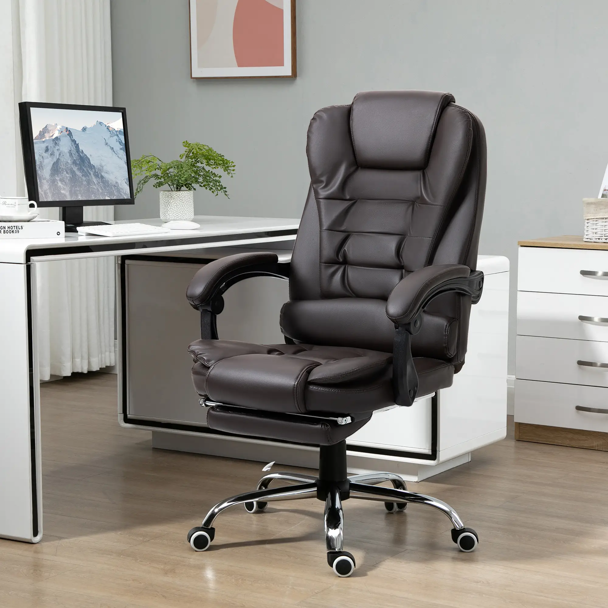 High Back Office Chair, PU Leather, Retractable Footrest, Padded Armrest, Coffee - Image 8