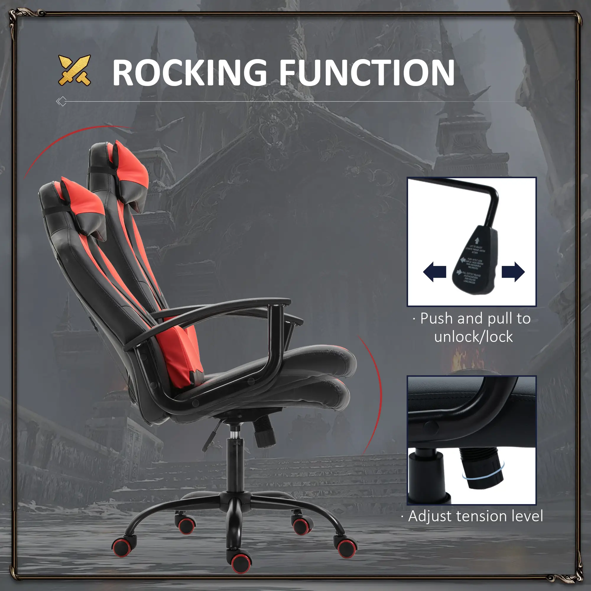 High Back Racing Style Gaming Chair, Adjustable PU Leather, Lumbar Support, Red - Image 4