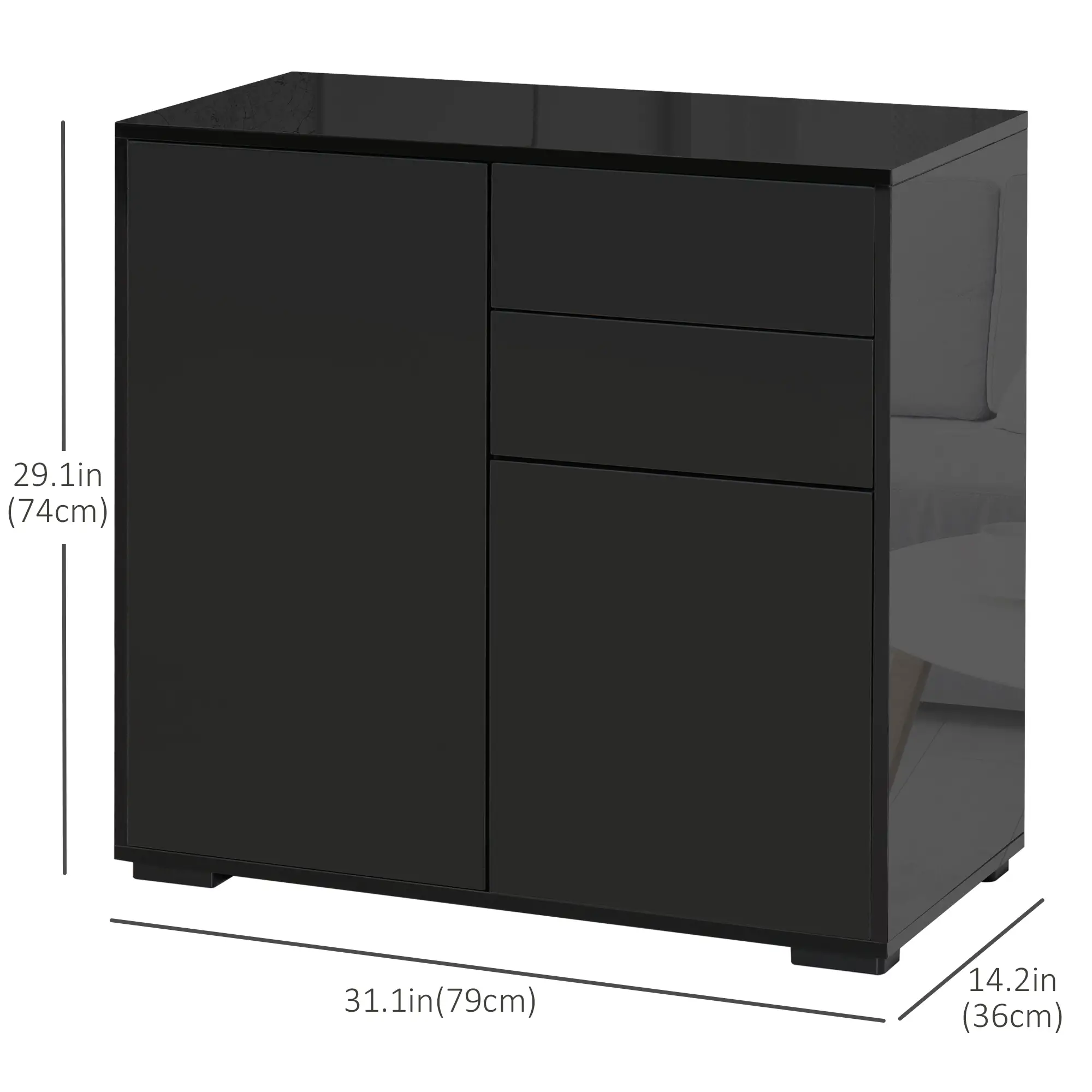 High Gloss Buffet Sideboard, 2 Drawers, 2 Doors, Adjustable Shelf, Black - Image 3