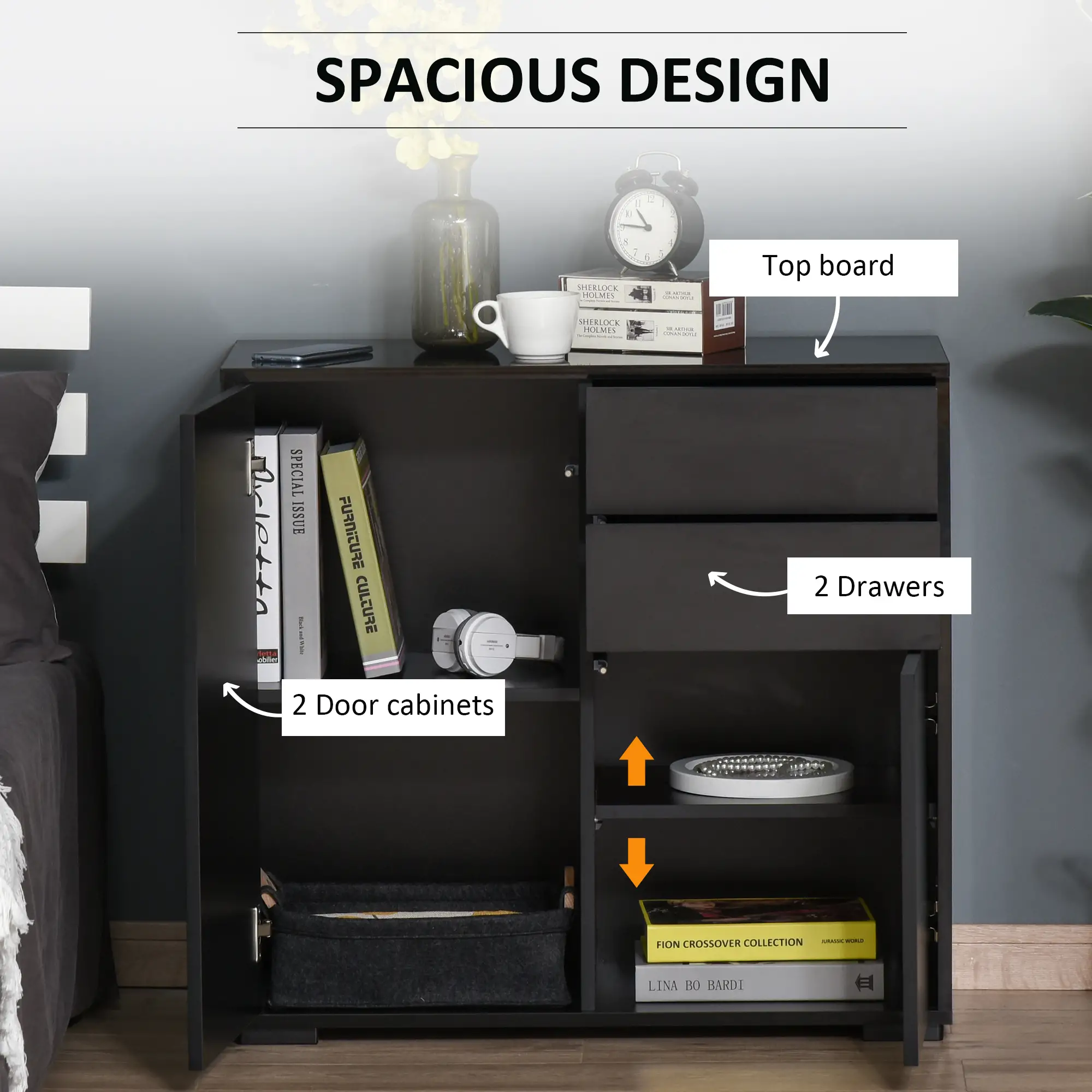 High Gloss Buffet Sideboard, 2 Drawers, 2 Doors, Adjustable Shelf, Black - Image 4