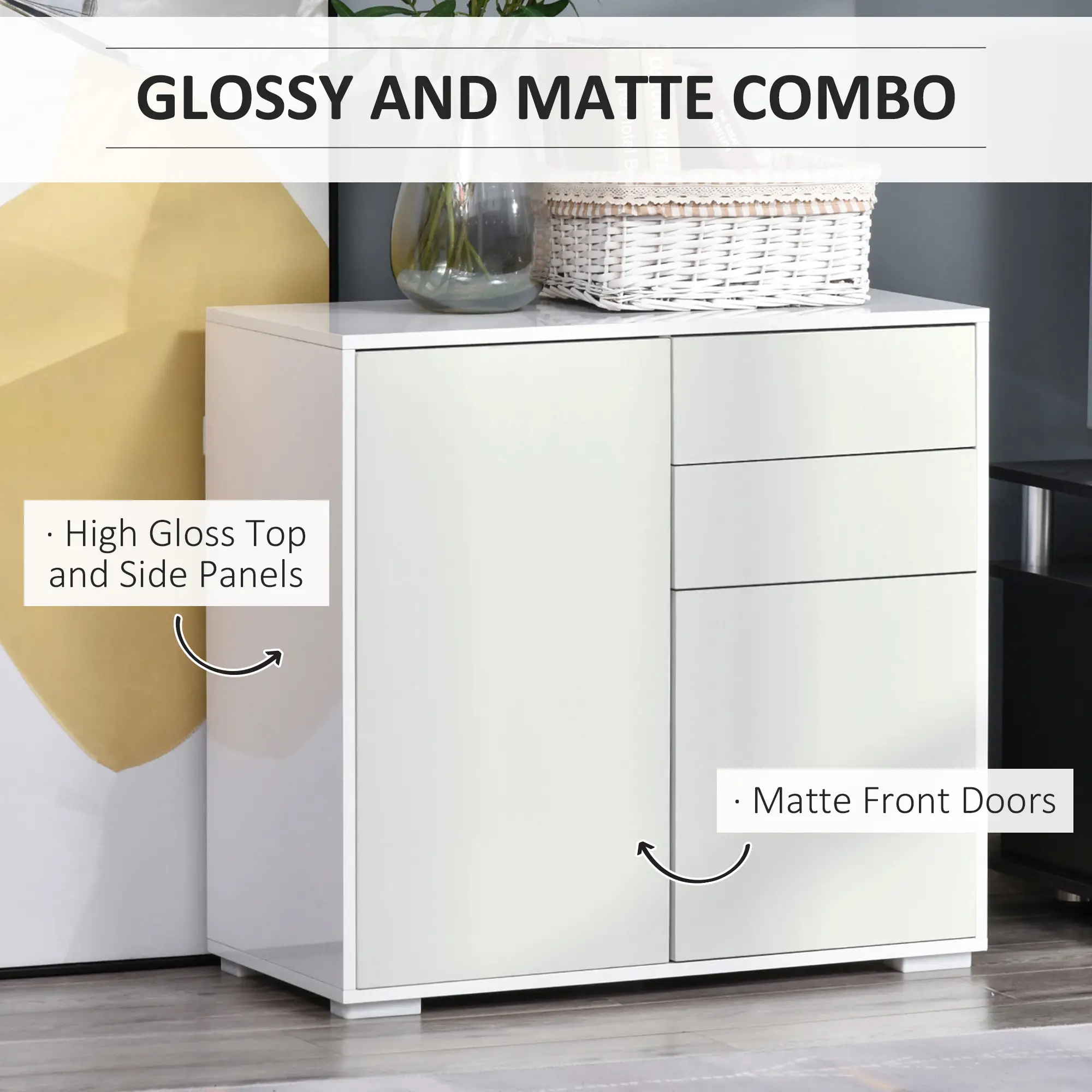 High Gloss Buffet Sideboard, 2 Drawers, 2 Doors, Adjustable Shelf, White - Image 5