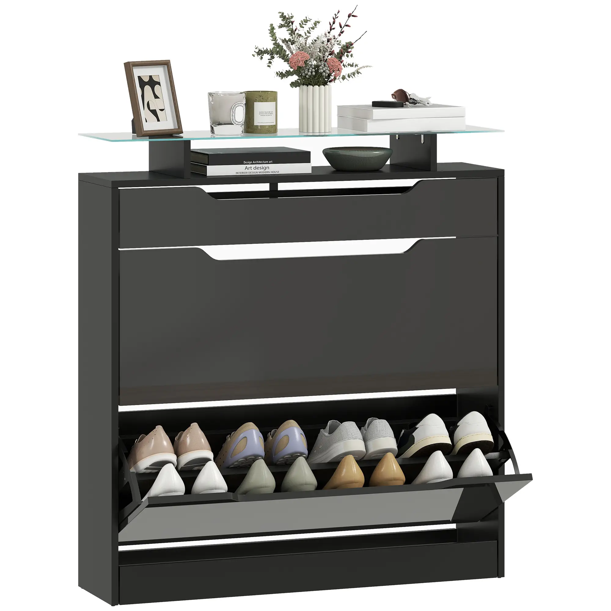 High Gloss Shoe Cabinet, 2 Flip Drawers, Adjustable Shelves, Black, Black - Image 11