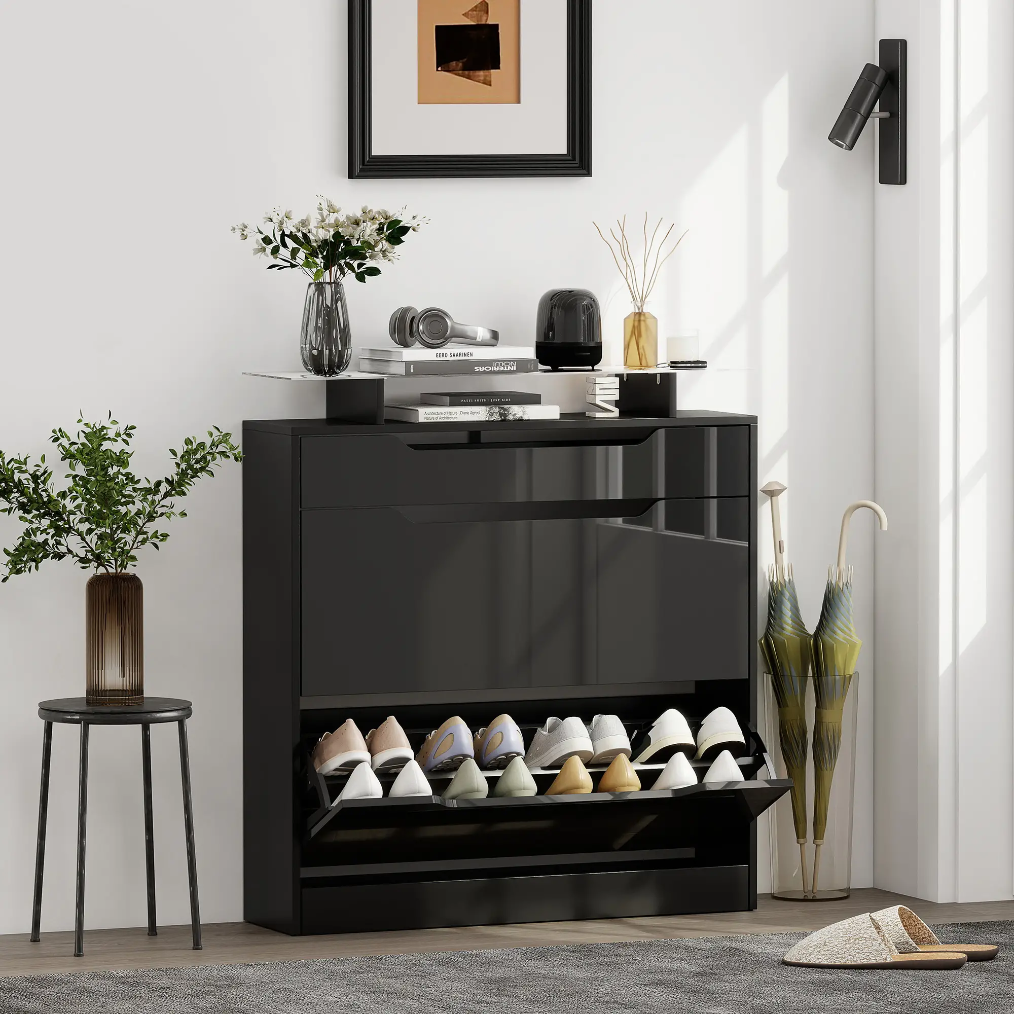 High Gloss Shoe Cabinet, 2 Flip Drawers, Adjustable Shelves, Black, Black - Image 2
