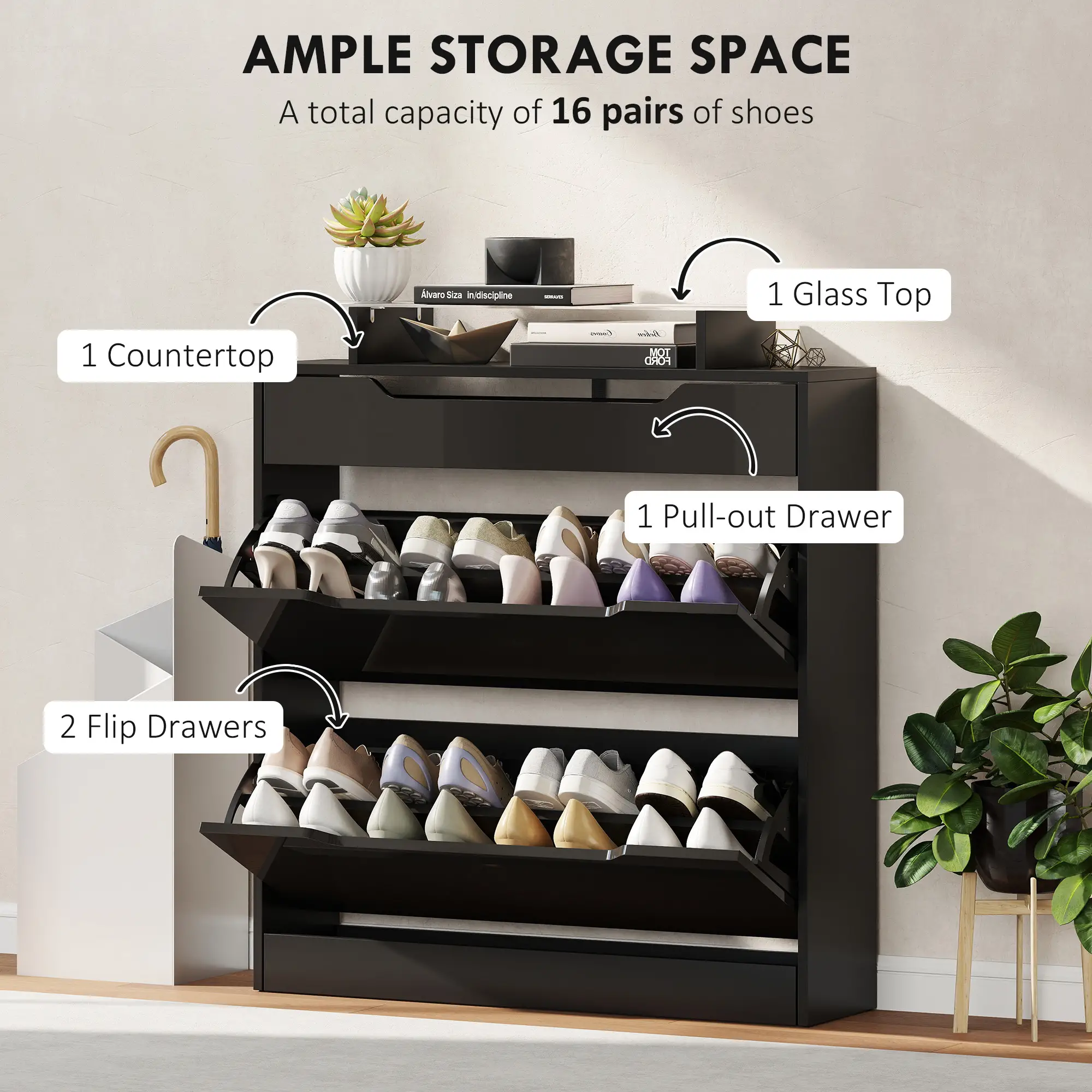 High Gloss Shoe Cabinet, 2 Flip Drawers, Adjustable Shelves, Black, Black - Image 4