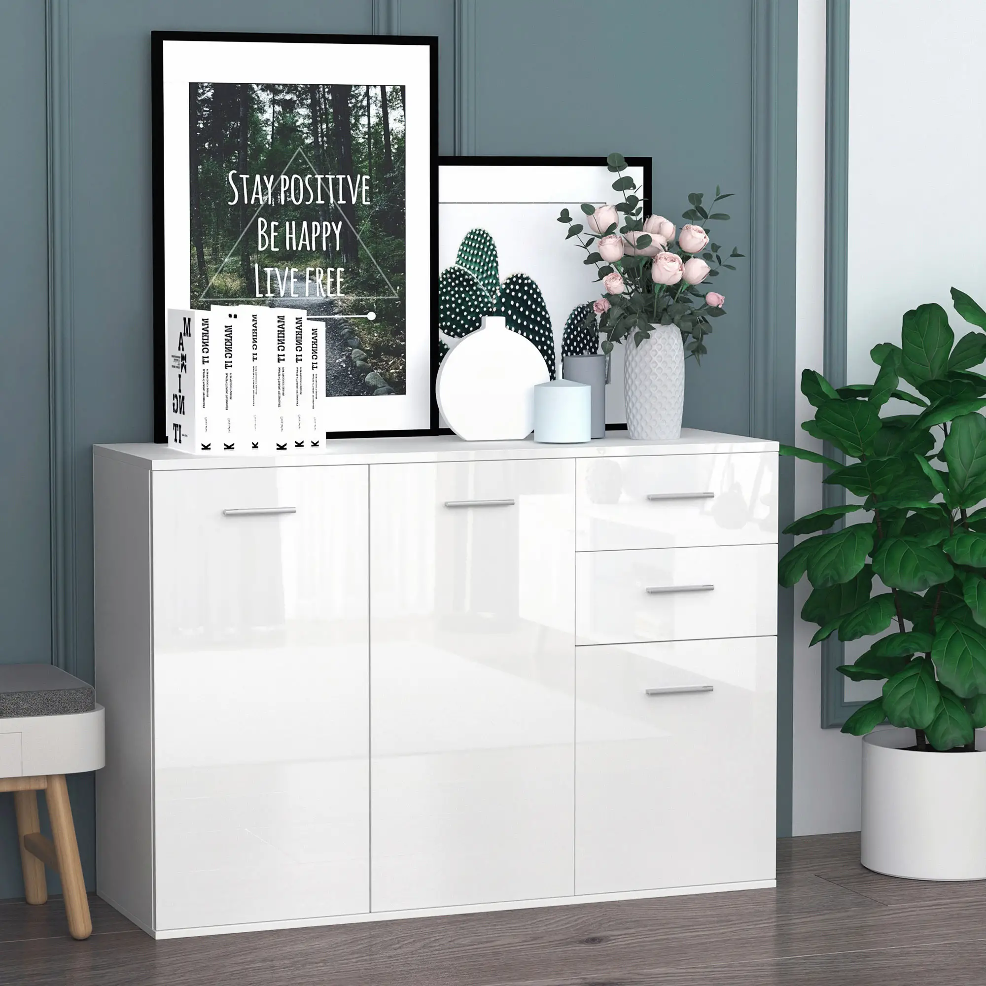 High Gloss Sideboard, 2 Drawers, 3 Doors, Adjustable Shelf, White - Image 2