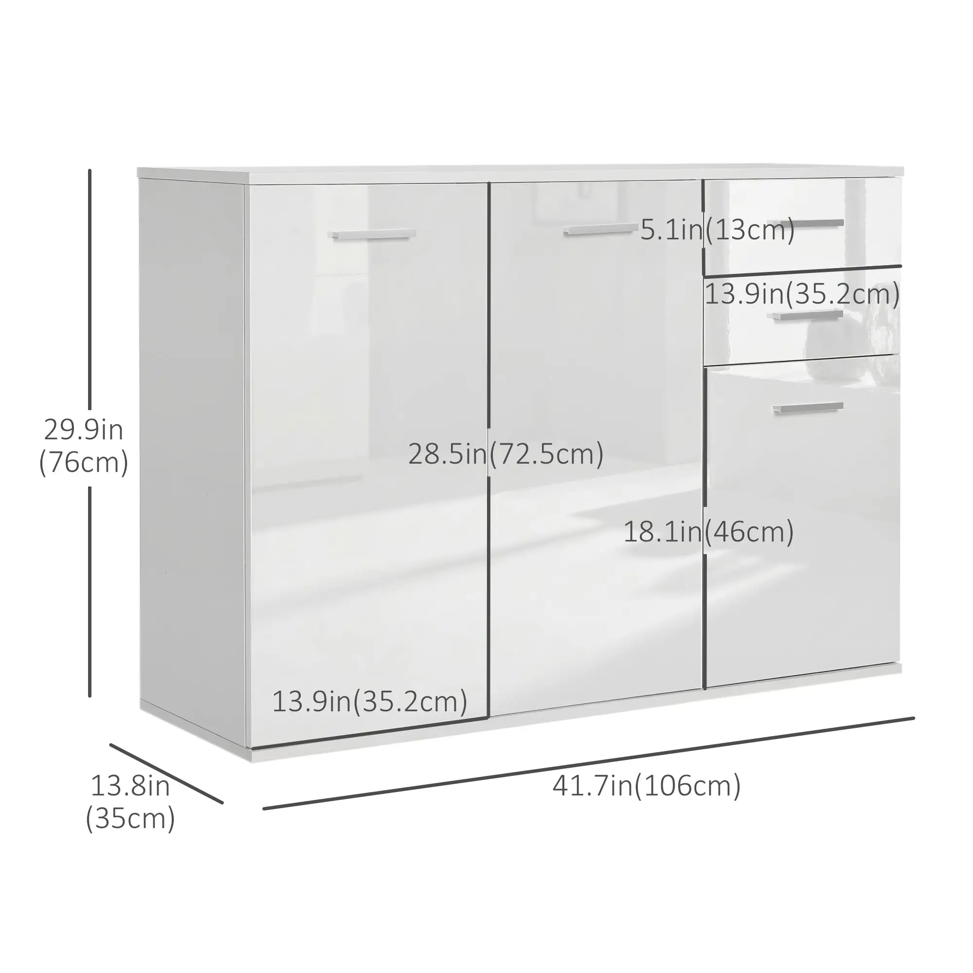 High Gloss Sideboard, 2 Drawers, 3 Doors, Adjustable Shelf, White - Image 3