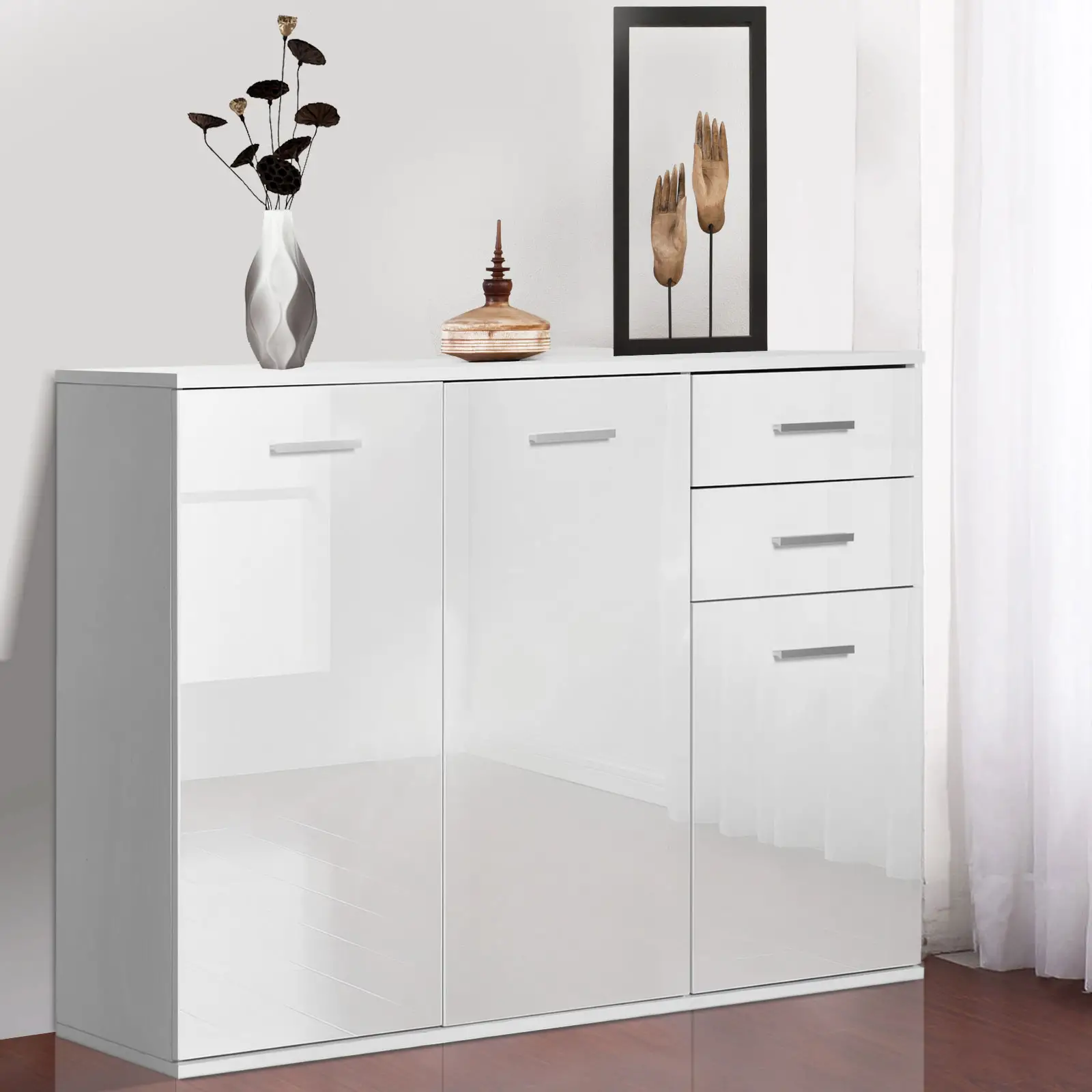High Gloss Sideboard, 2 Drawers, 3 Doors, Adjustable Shelf, White - Image 7