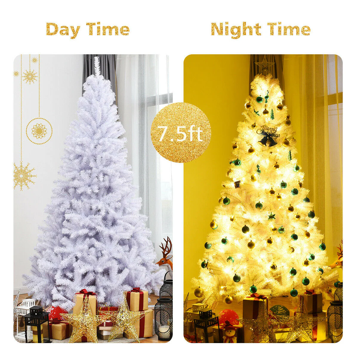 Hinged Artificial Christmas Tree, 7.5 Feet, Metal Stand, White - Image 9