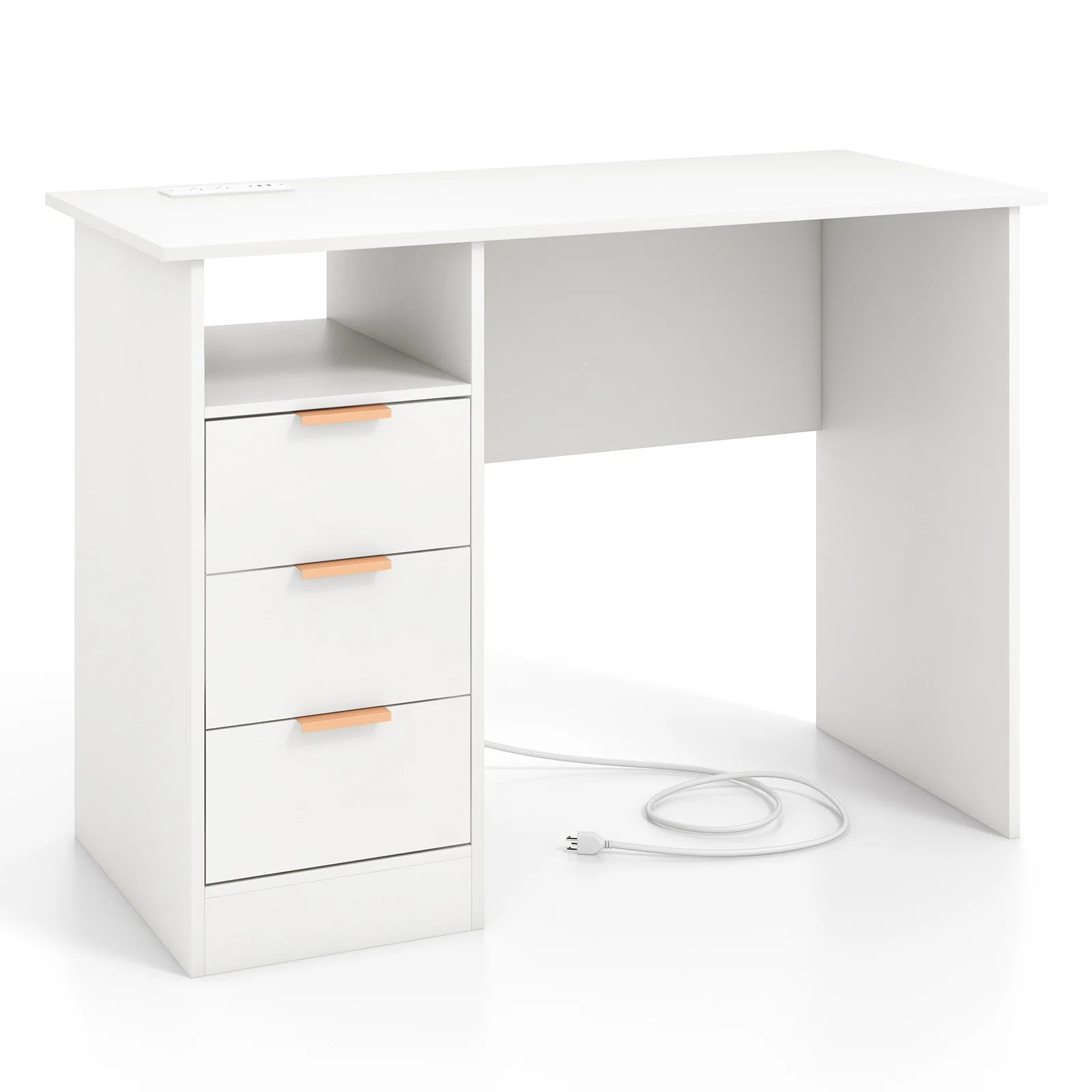 Home Office Desk With Power Outlet, 3 Drawers, White