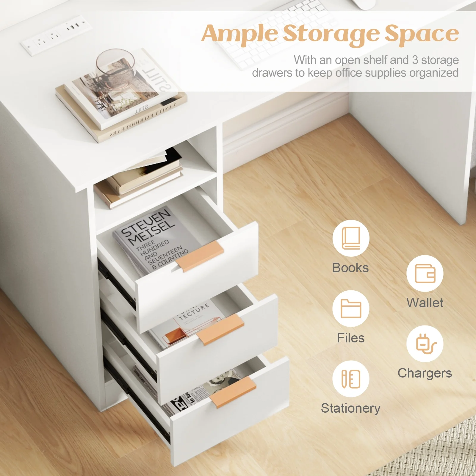 Home Office Desk With Power Outlet, 3 Drawers, White - Image 10