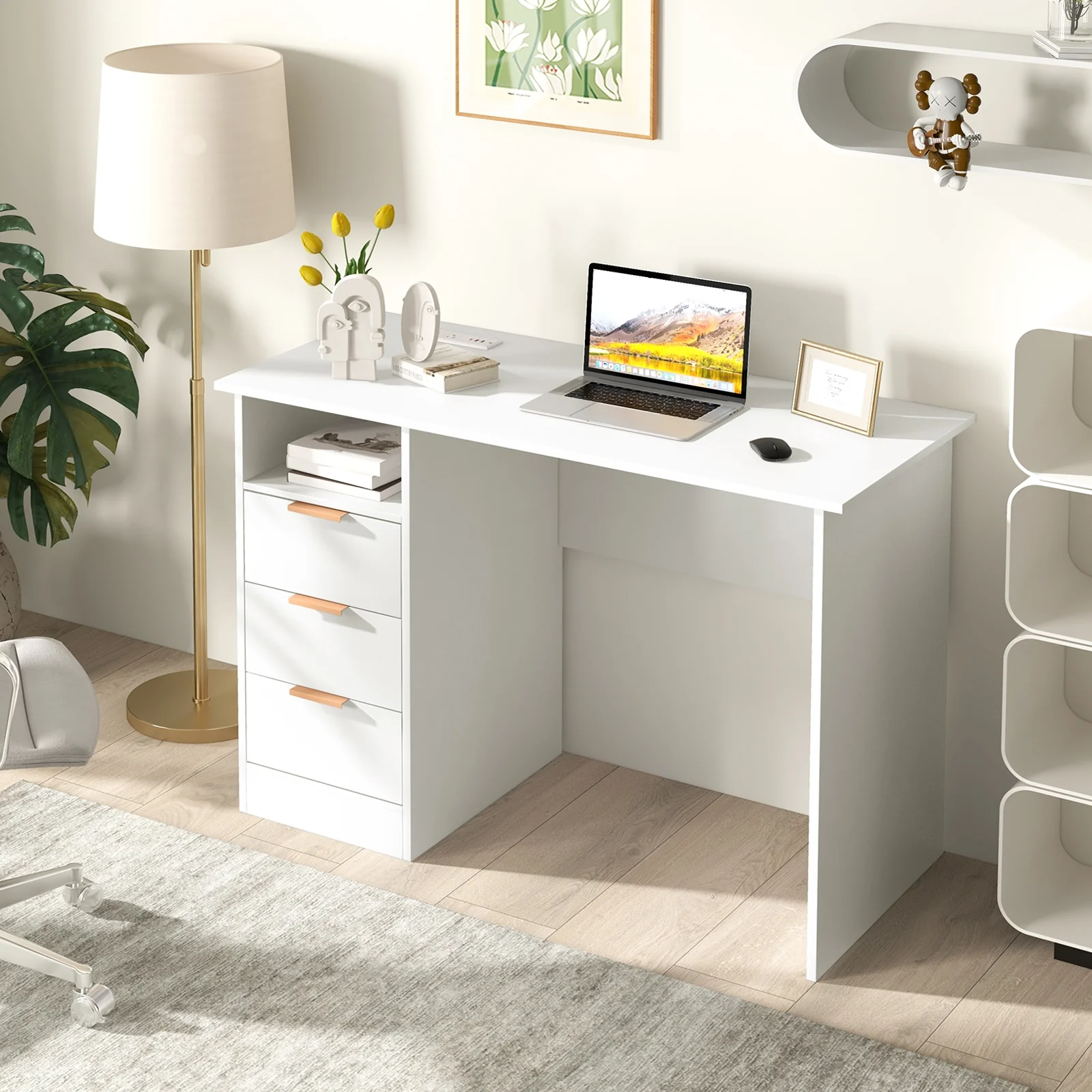 Home Office Desk With Power Outlet, 3 Drawers, White - Image 2