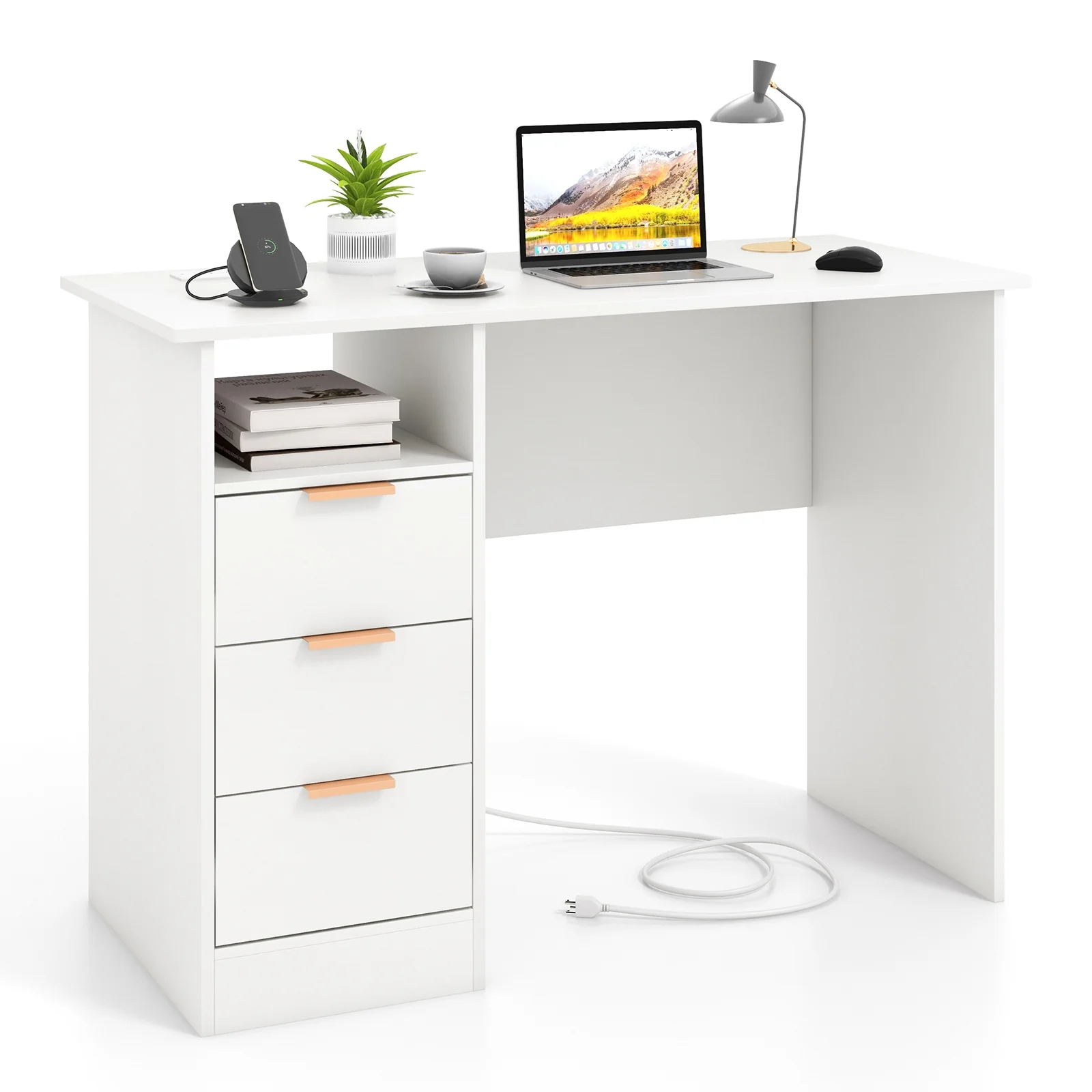 Home Office Desk With Power Outlet, 3 Drawers, White - Image 5
