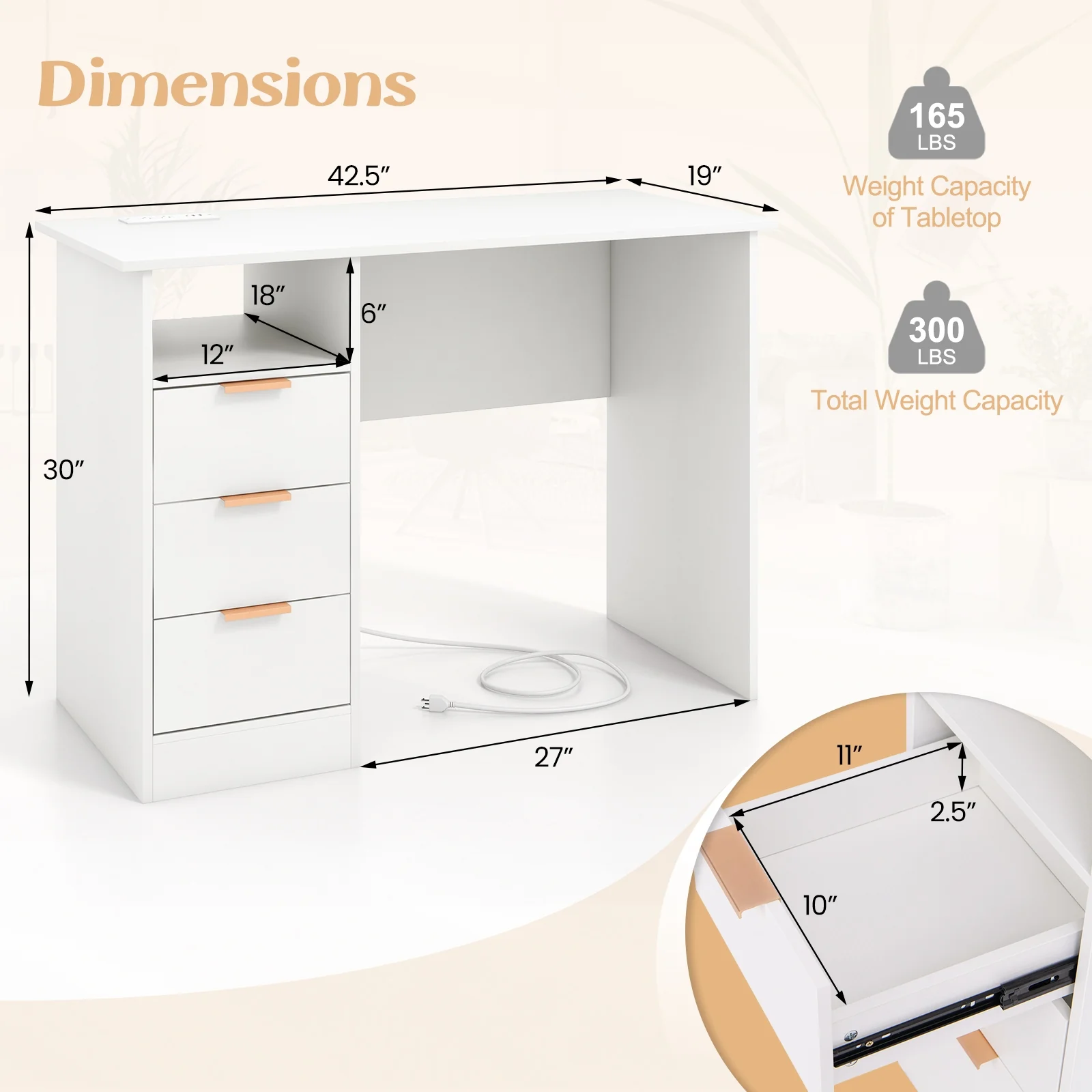 Home Office Desk With Power Outlet, 3 Drawers, White - Image 6