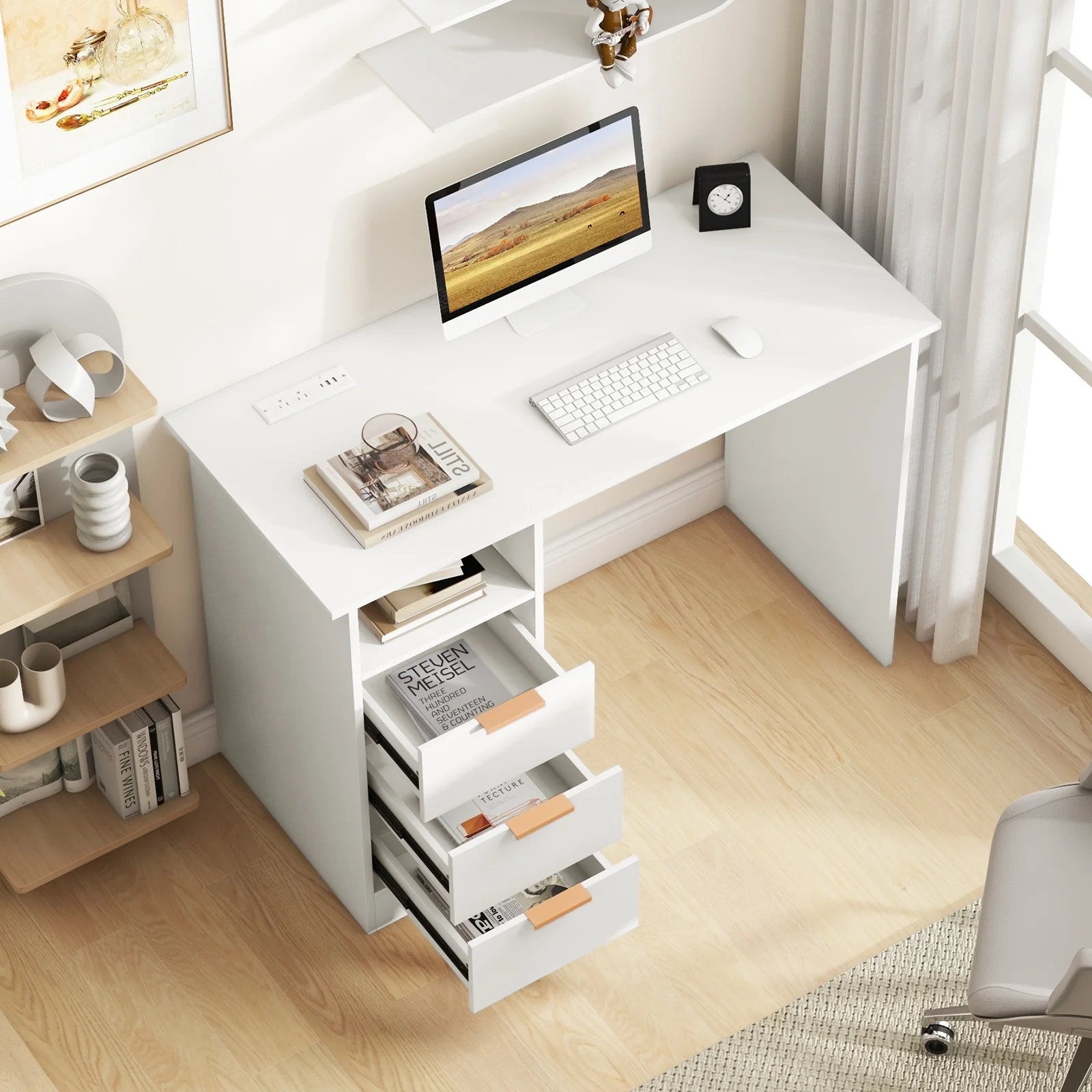 Home Office Desk With Power Outlet, 3 Drawers, White - Image 7