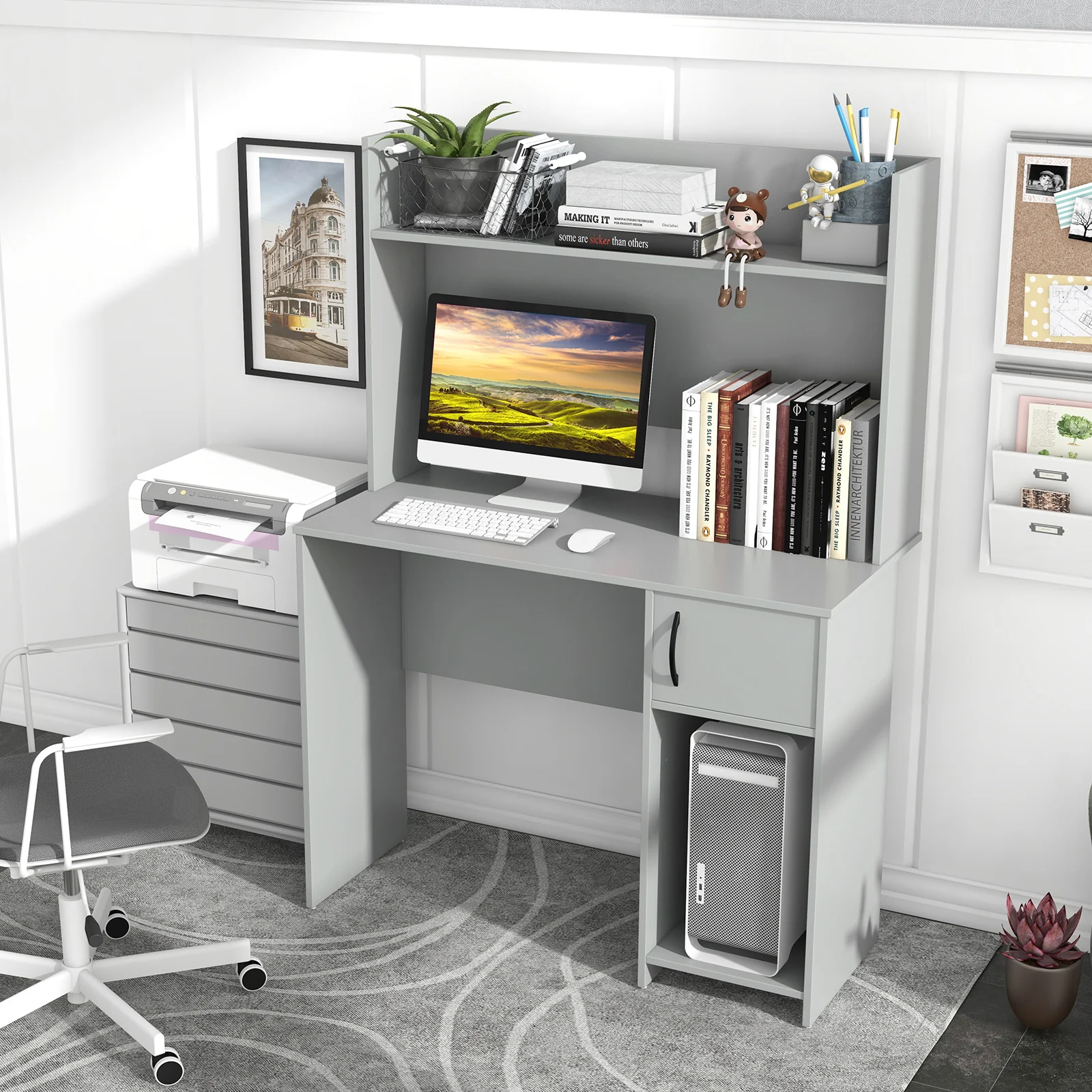 Home Office Desk, With Raised Display Shelf, Gray - Image 2