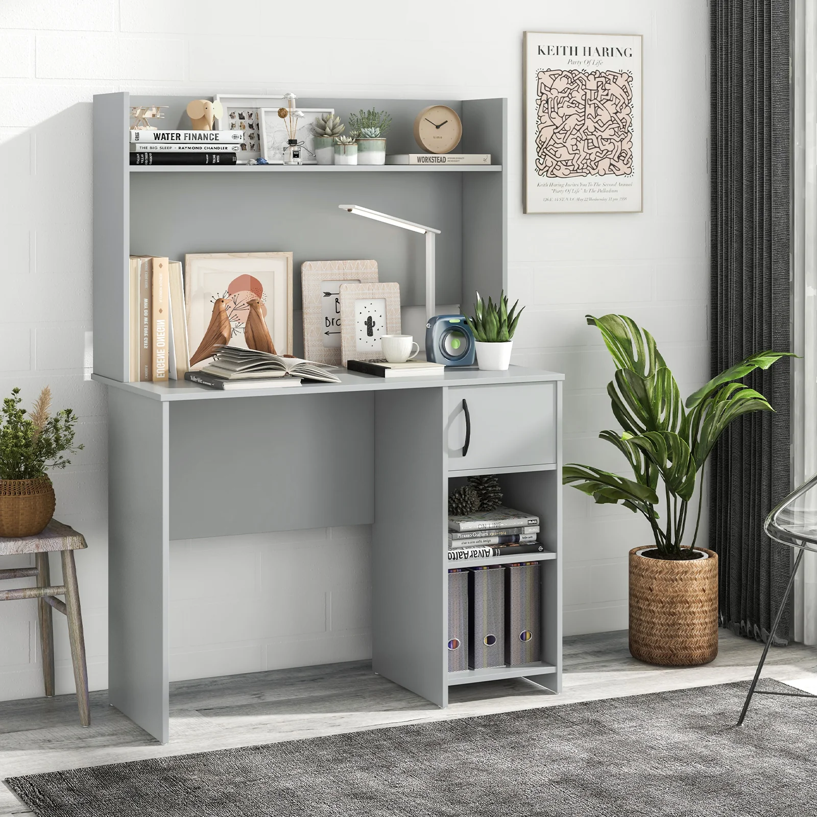 Home Office Desk, With Raised Display Shelf, Gray - Image 3
