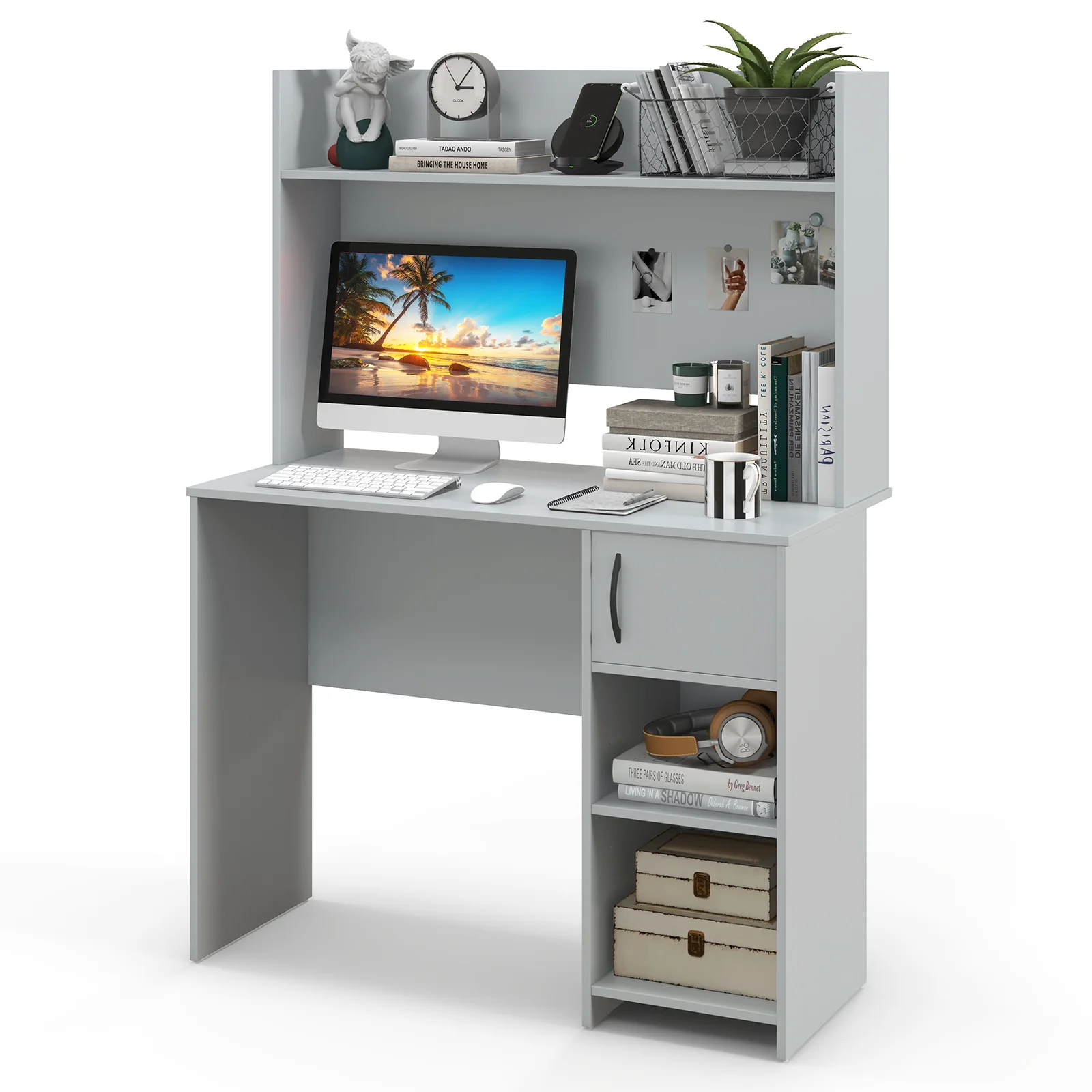 Home Office Desk, With Raised Display Shelf, Gray - Image 5