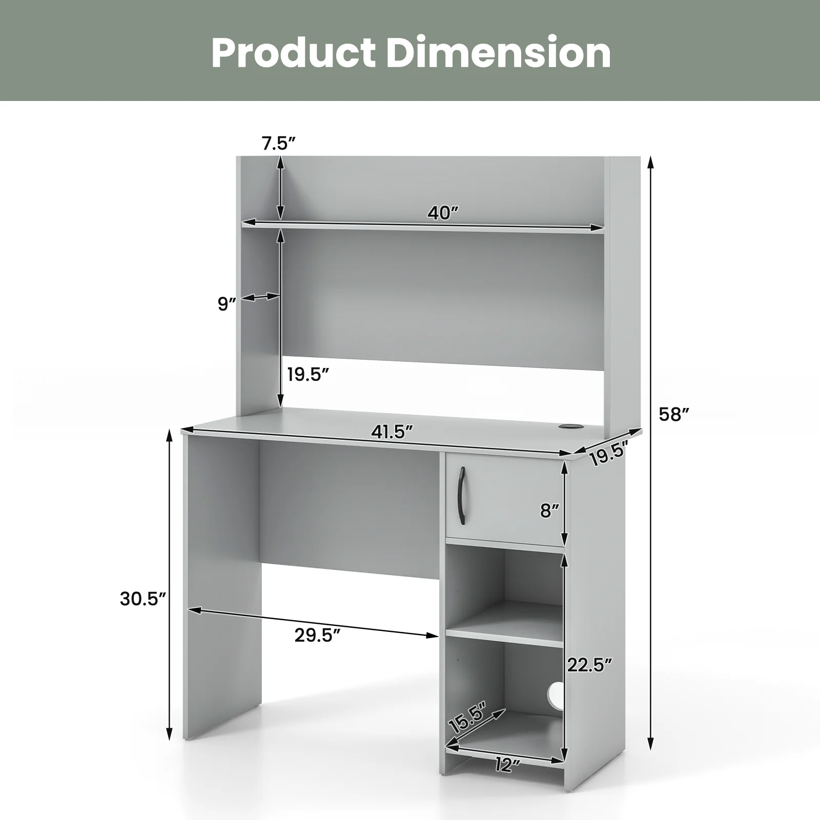 Home Office Desk, With Raised Display Shelf, Gray - Image 6