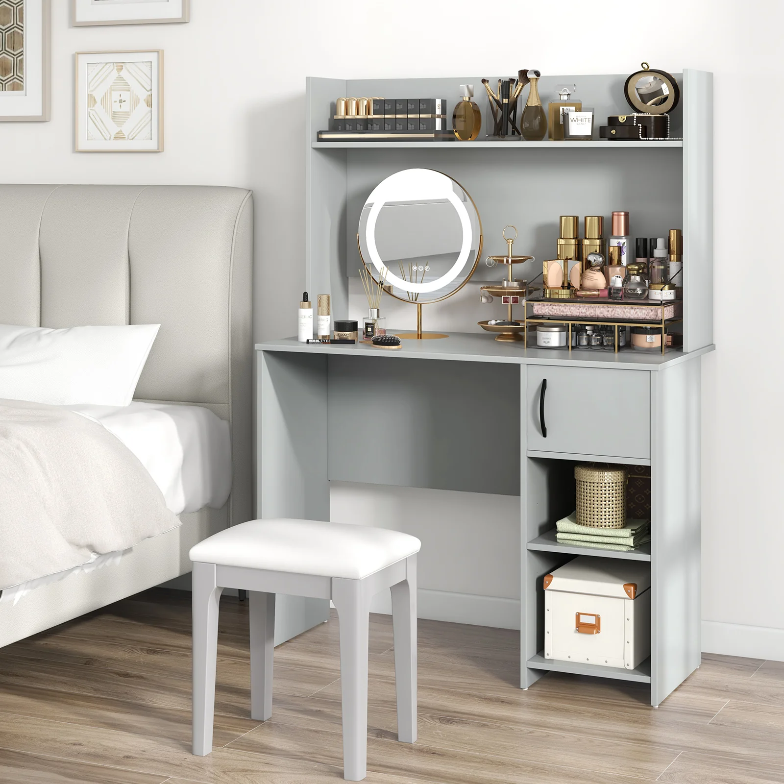 Home Office Desk, With Raised Display Shelf, Gray - Image 7