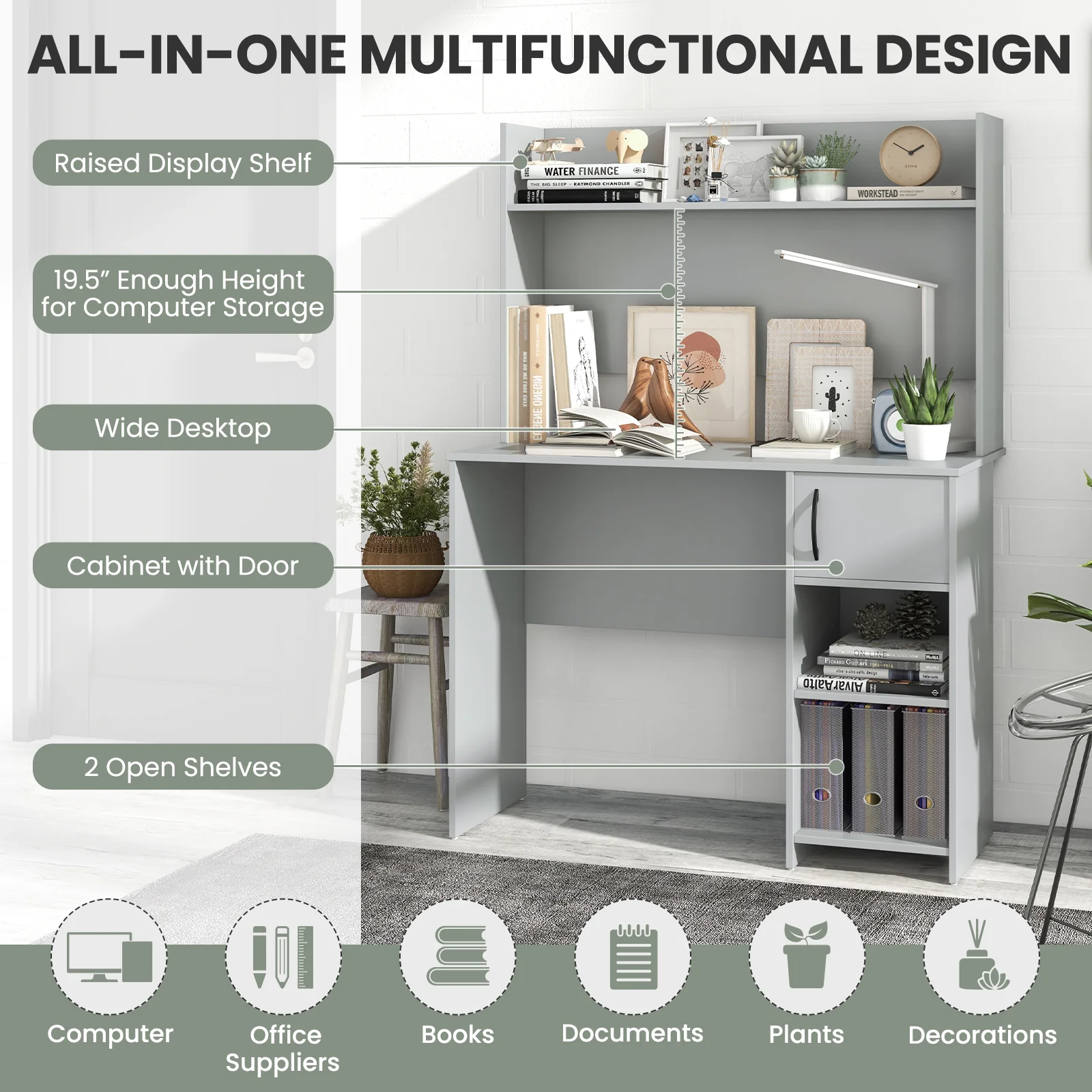 Home Office Desk, With Raised Display Shelf, Gray - Image 8
