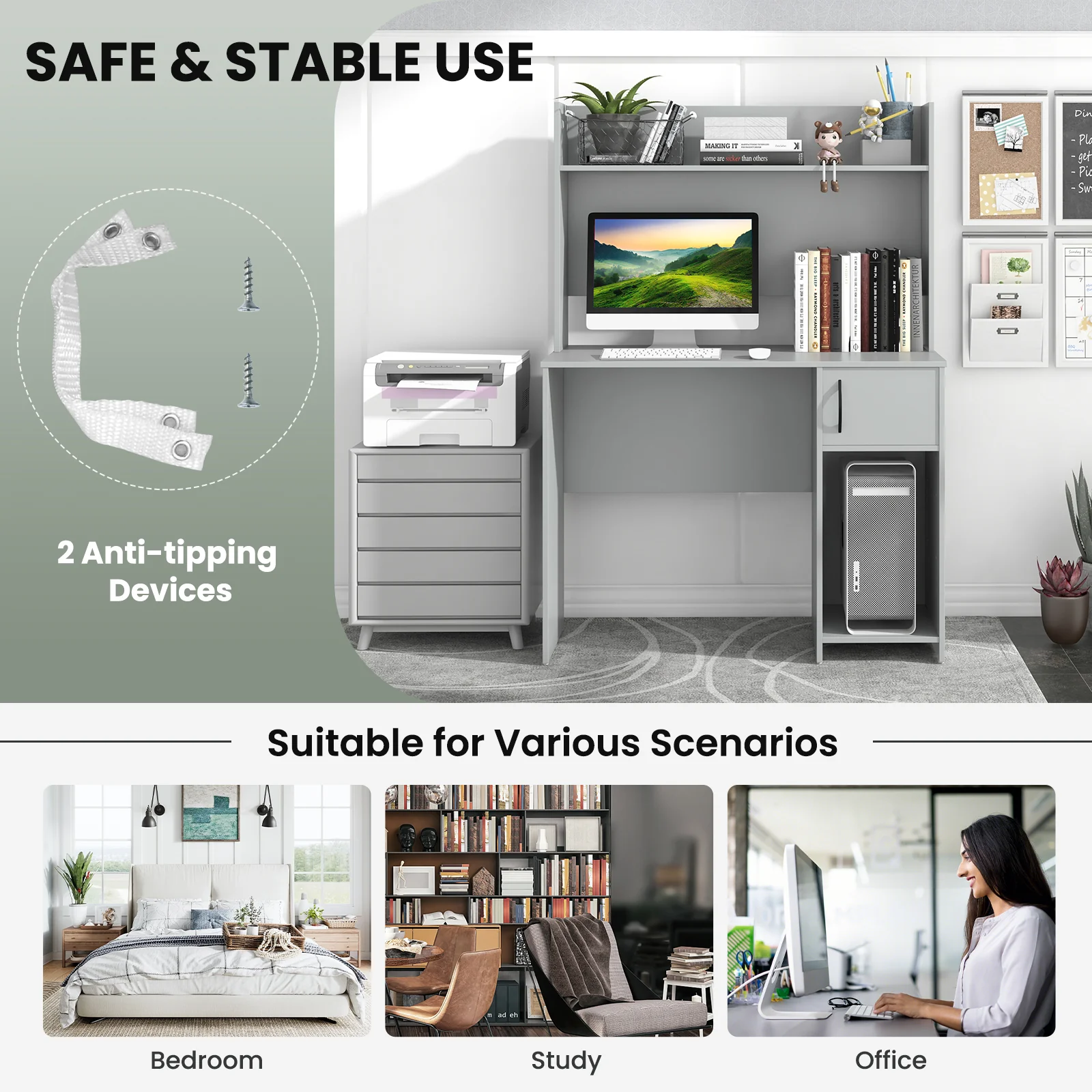 Home Office Desk, With Raised Display Shelf, Gray - Image 9