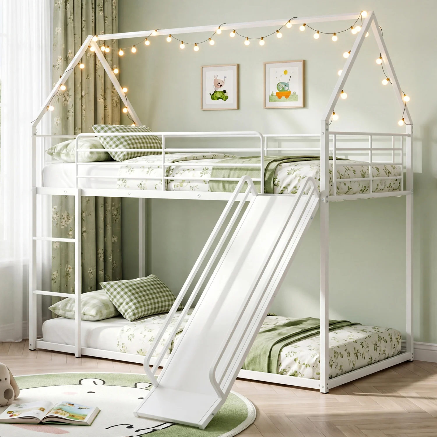 House-Shaped Metal Twin Over Twin Low Bunk Bed, White - Image 2