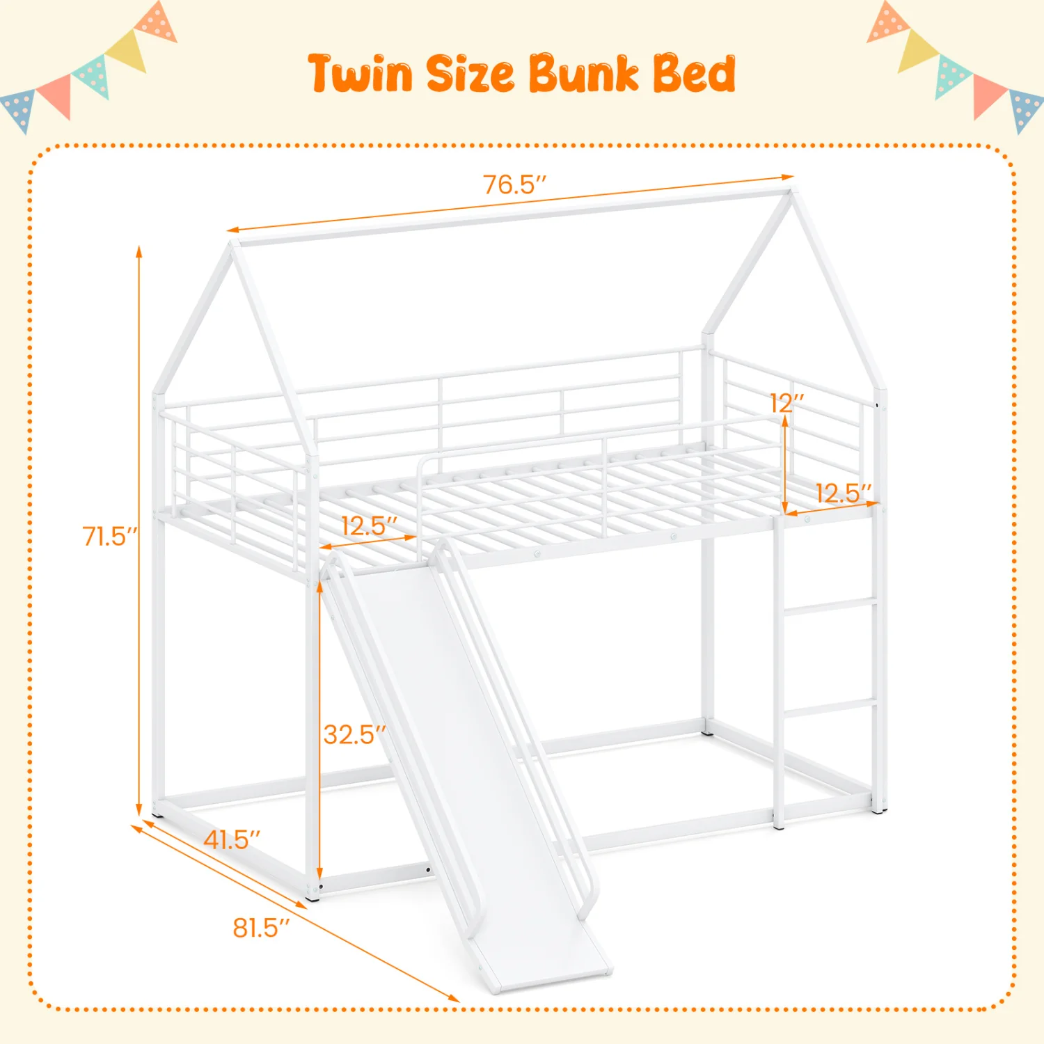 House-Shaped Metal Twin Over Twin Low Bunk Bed, White - Image 4