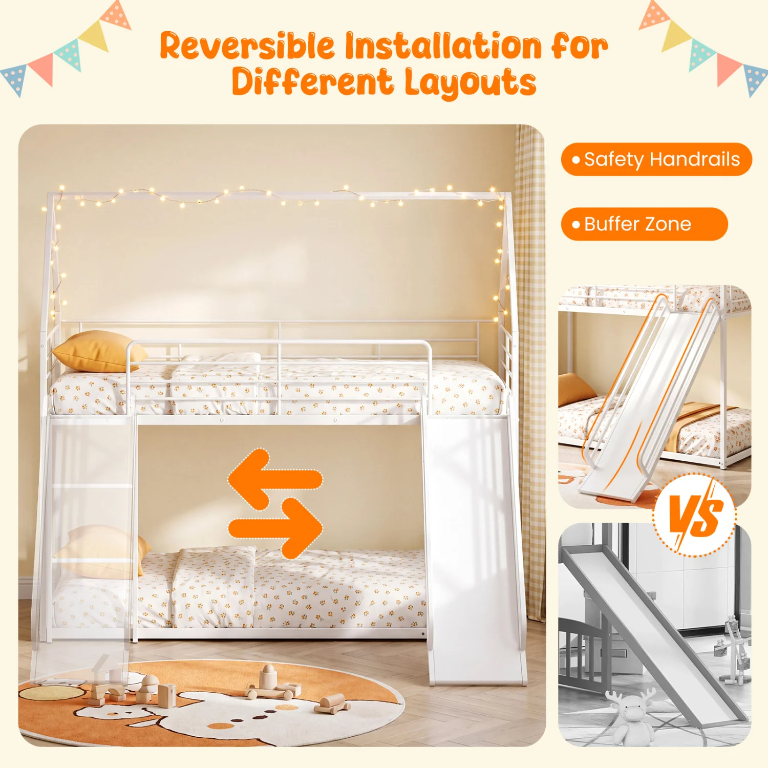 House-Shaped Metal Twin Over Twin Low Bunk Bed, White - Image 7