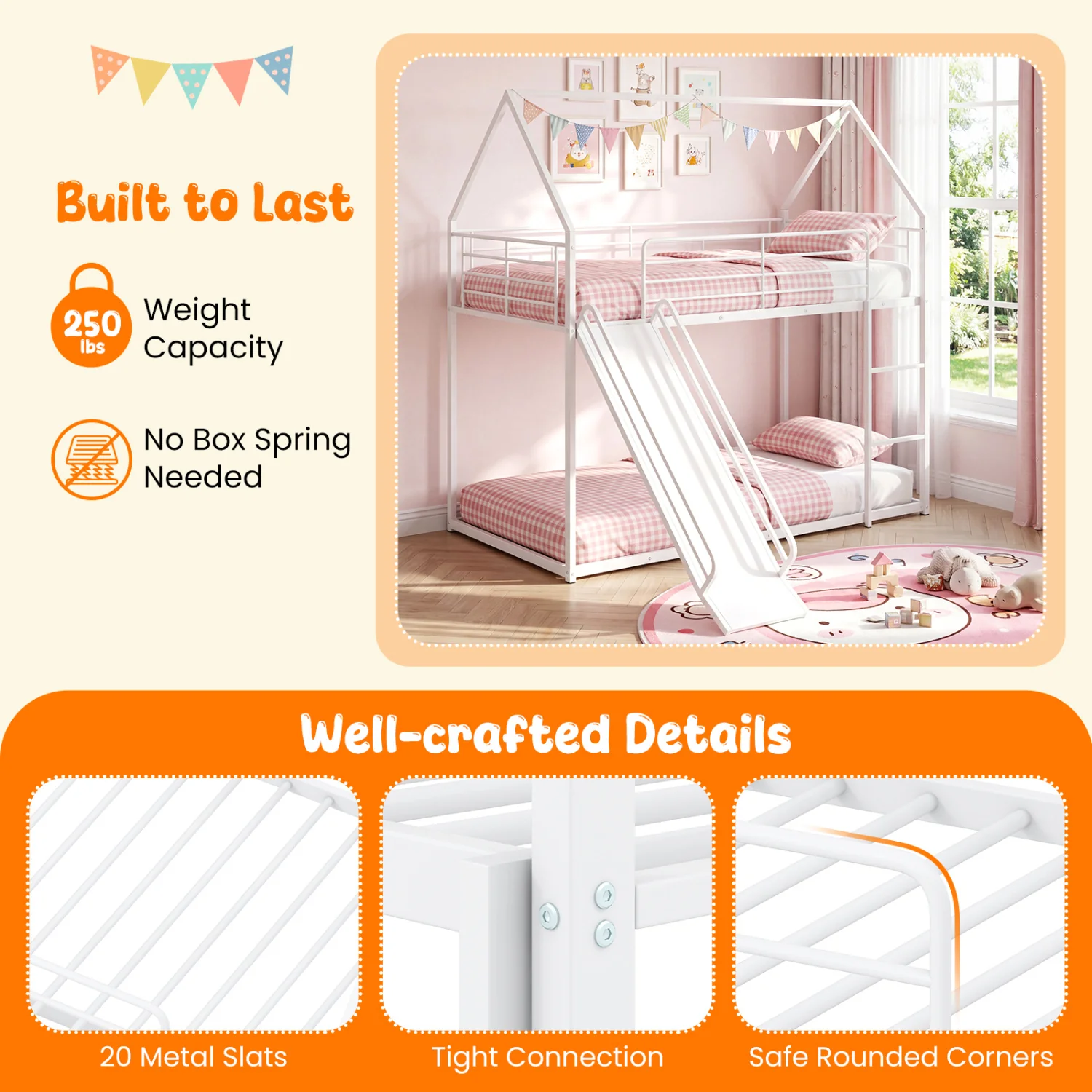 House-Shaped Metal Twin Over Twin Low Bunk Bed, White - Image 9