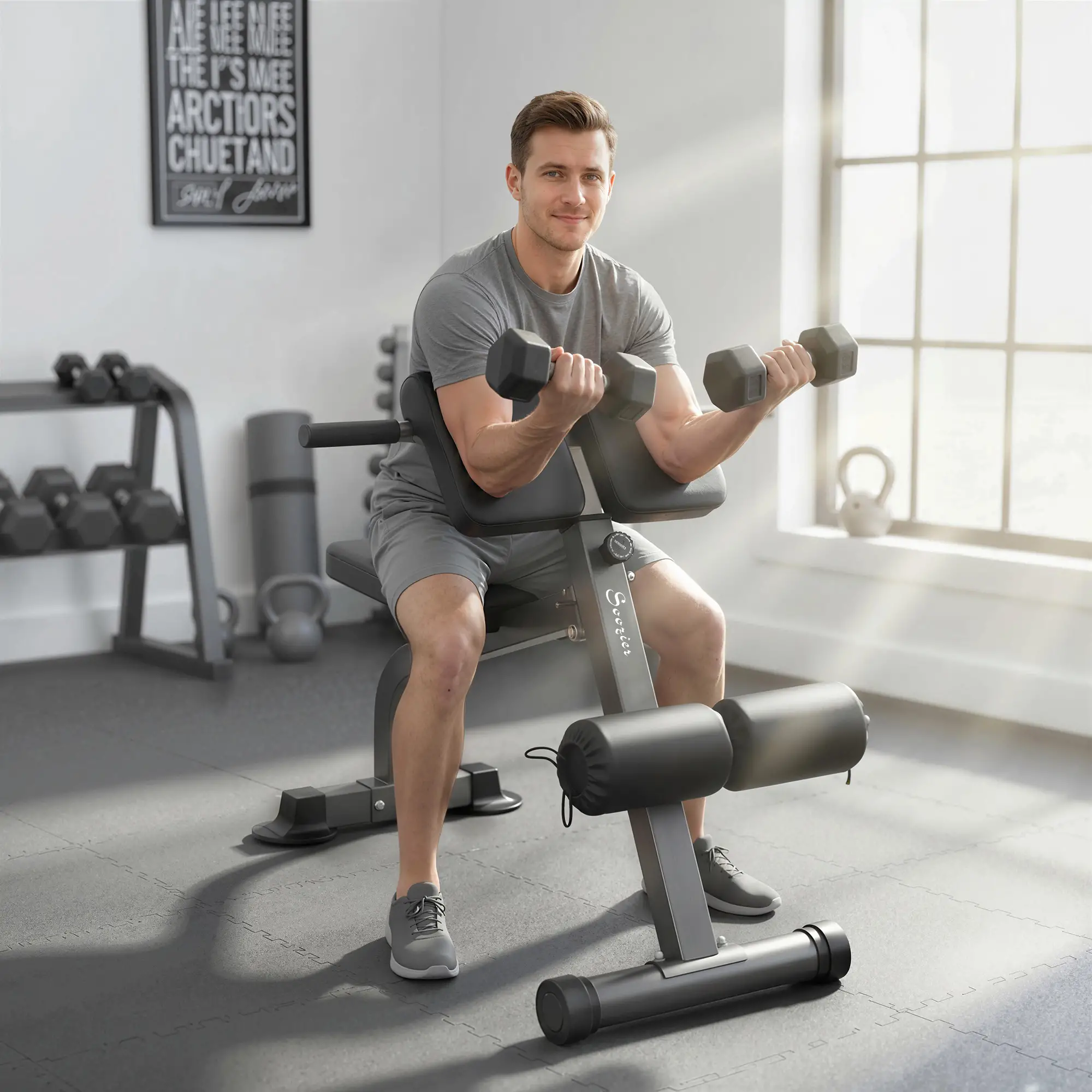 Hyperextension Bench, Height Adjustable, 38" x 26.8" x 27.2-43.3", Silver Tone - Image 2