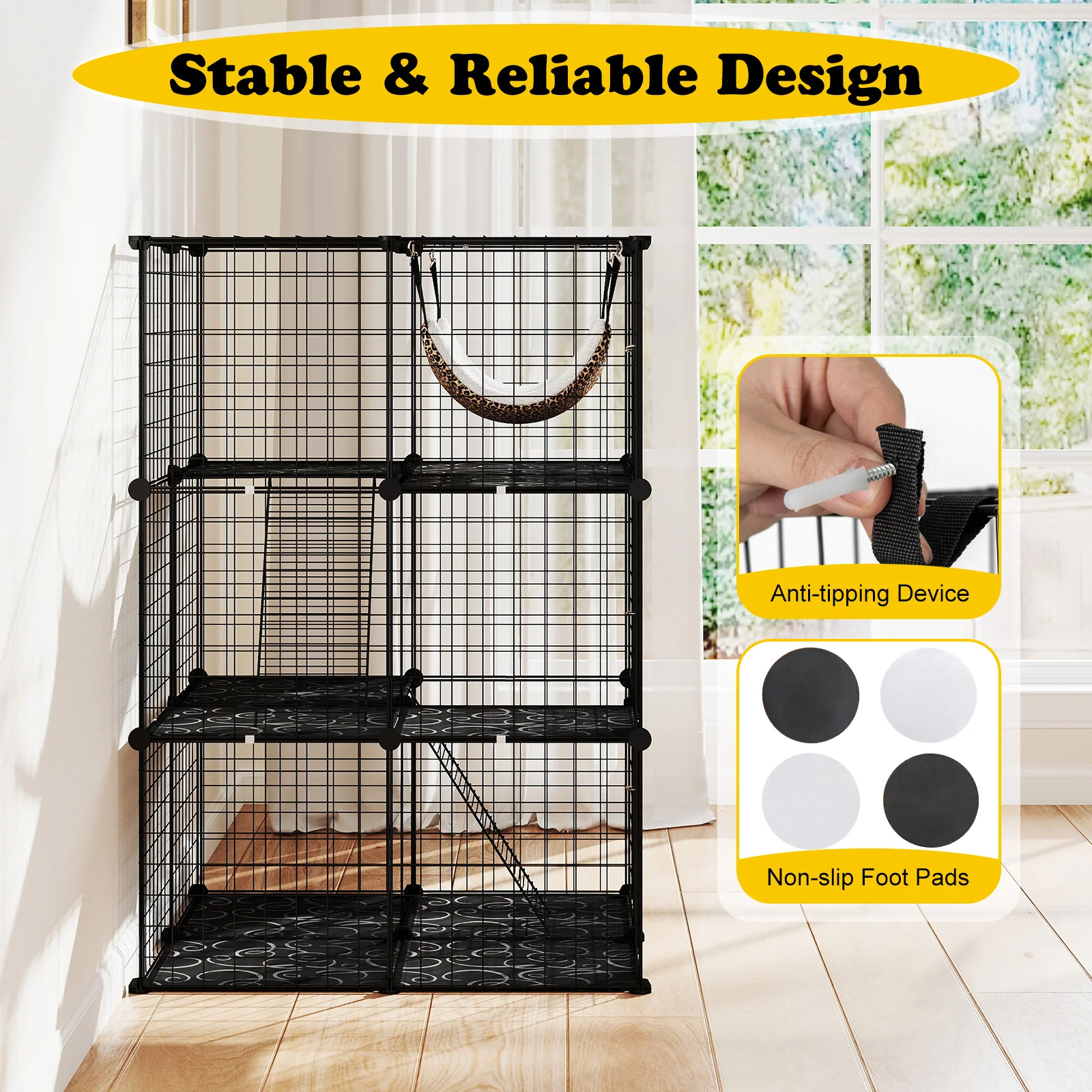 Indoor Cat Cage, 3-Tier Detachable Metal Wire Kennel, Black - Image 10