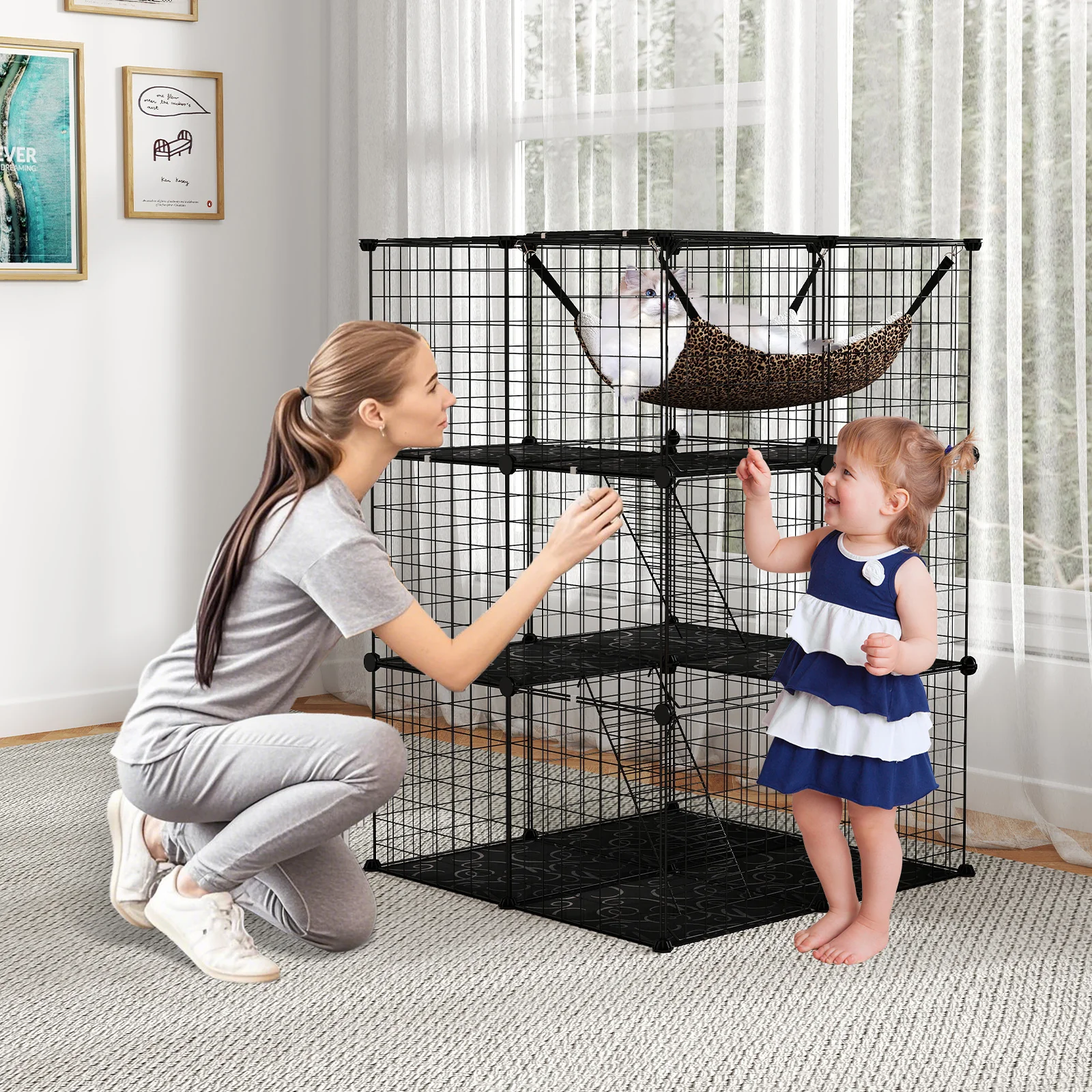 Indoor Cat Cage, 3-Tier Detachable Metal Wire Kennel, Black - Image 2