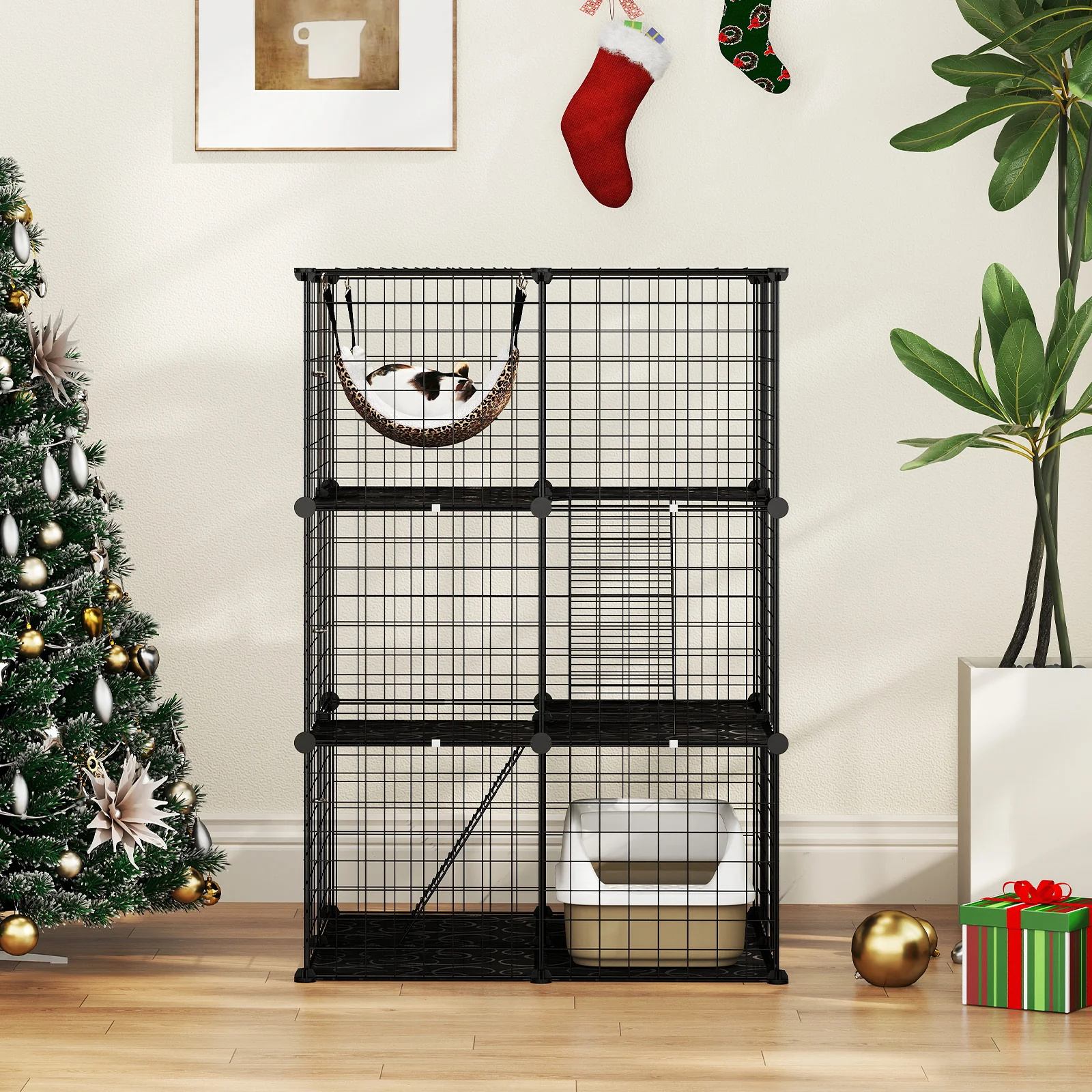 Indoor Cat Cage, 3-Tier Detachable Metal Wire Kennel, Black - Image 3