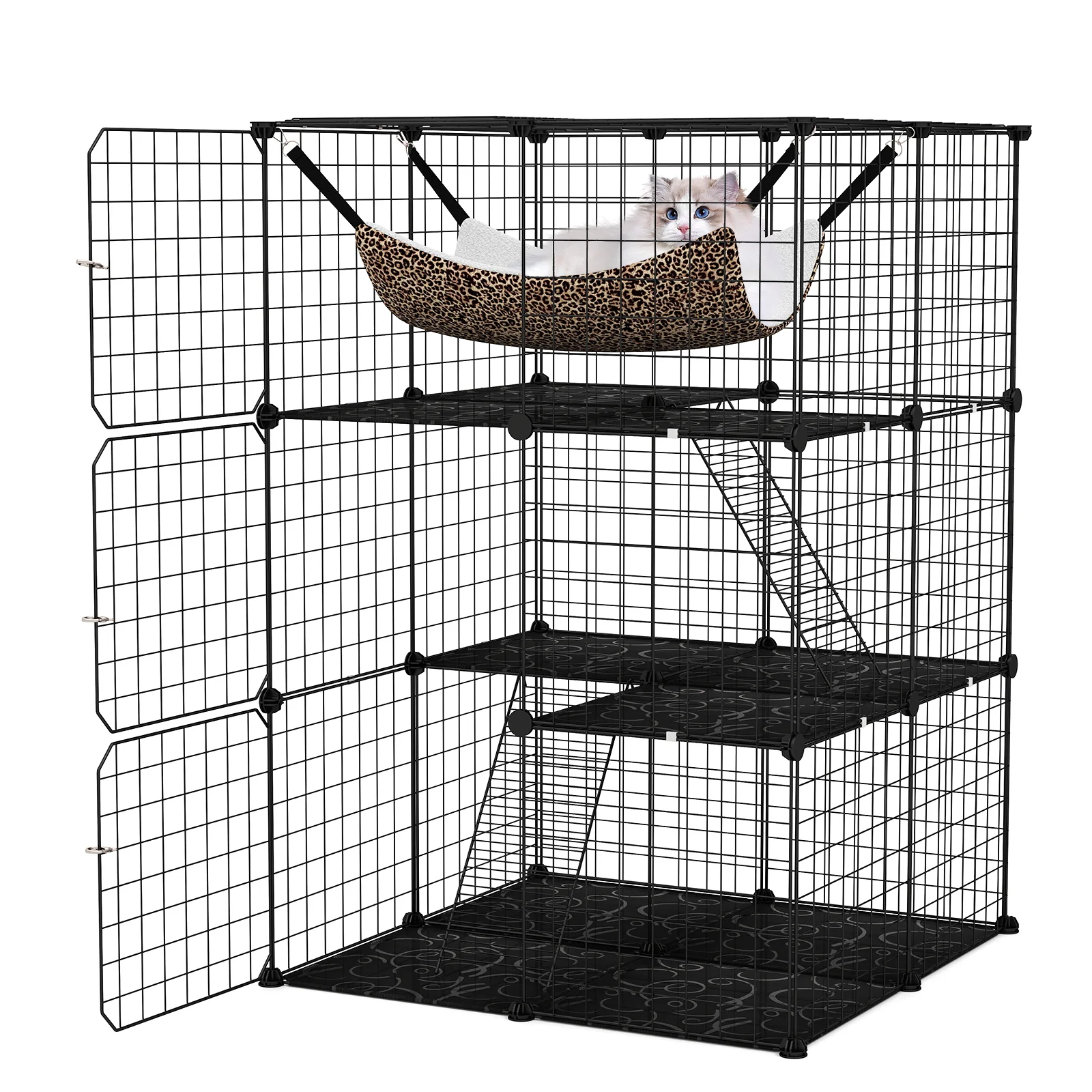Indoor Cat Cage, 3-Tier Detachable Metal Wire Kennel, Black - Image 4