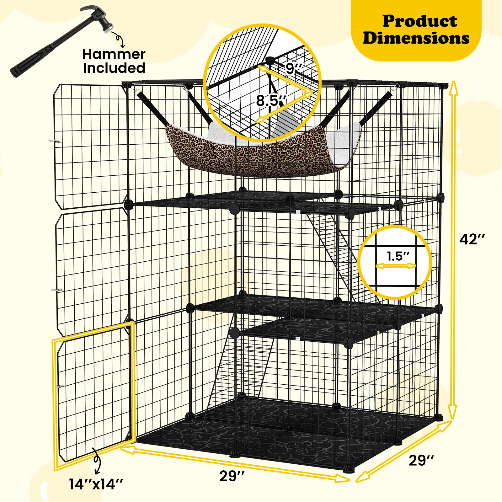 Indoor Cat Cage, 3-Tier Detachable Metal Wire Kennel, Black - Image 6