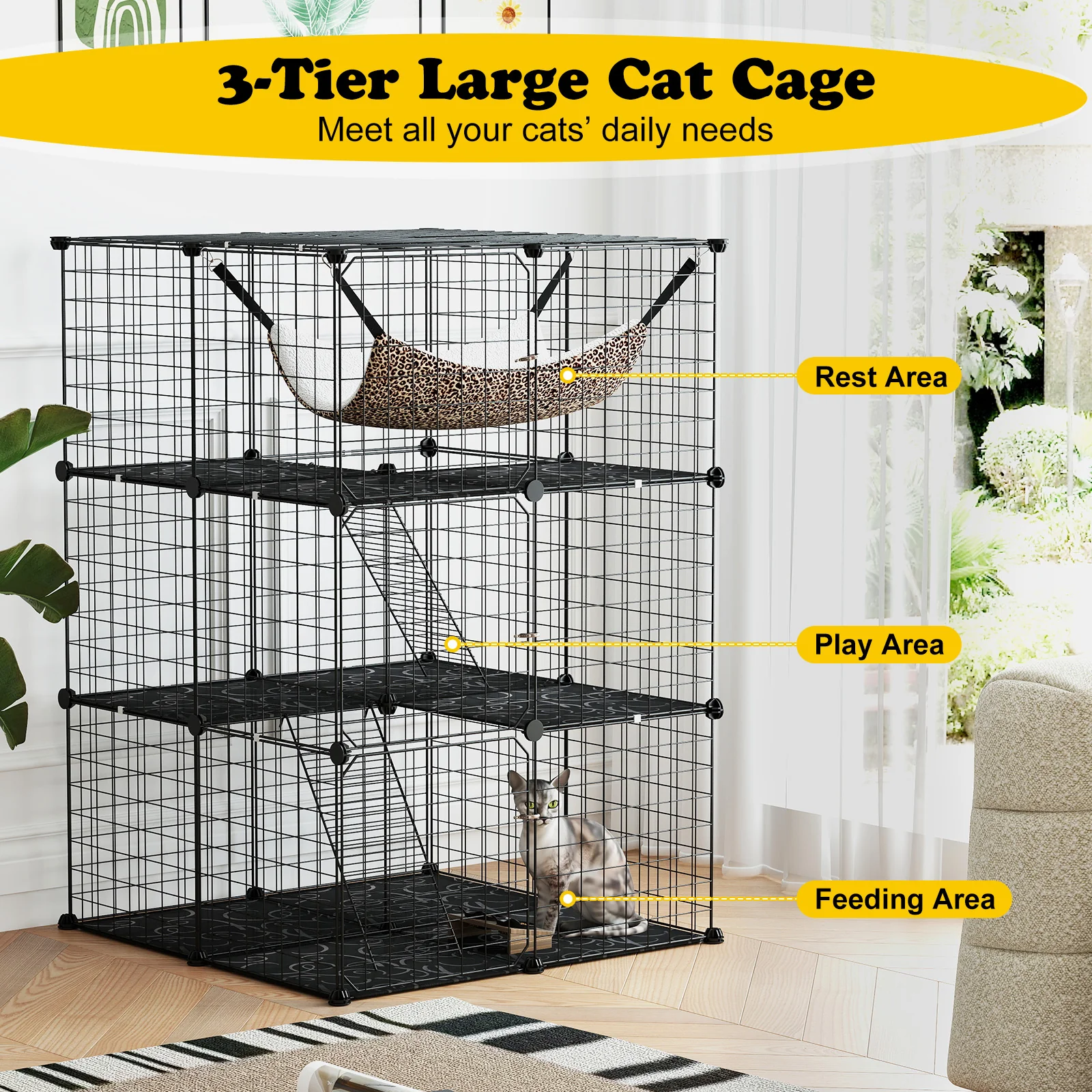 Indoor Cat Cage, 3-Tier Detachable Metal Wire Kennel, Black - Image 7