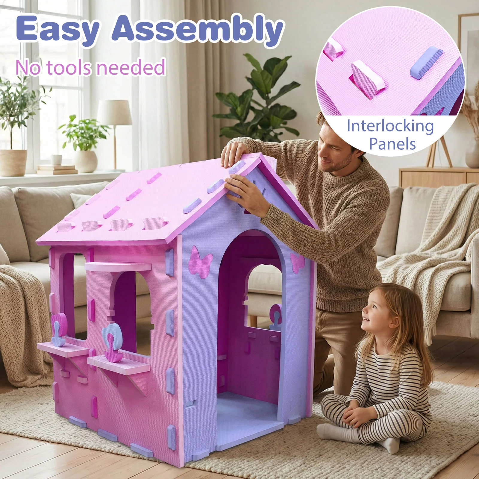 Indoor Cottage Playset with Roof and Chimney for Creative Play-PI, Pink & Purple - Image 10