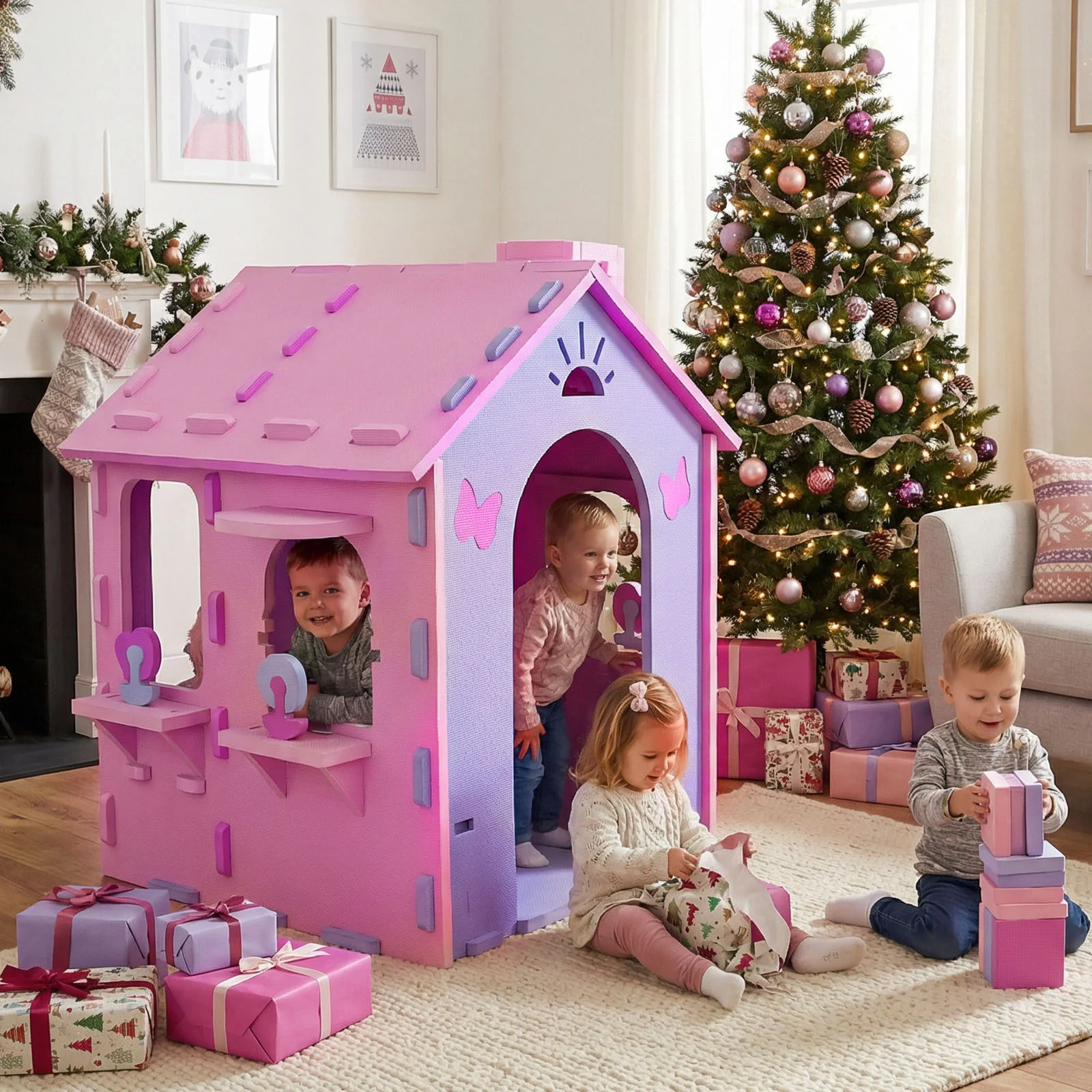 Indoor Cottage Playset with Roof and Chimney for Creative Play-PI, Pink & Purple - Image 2